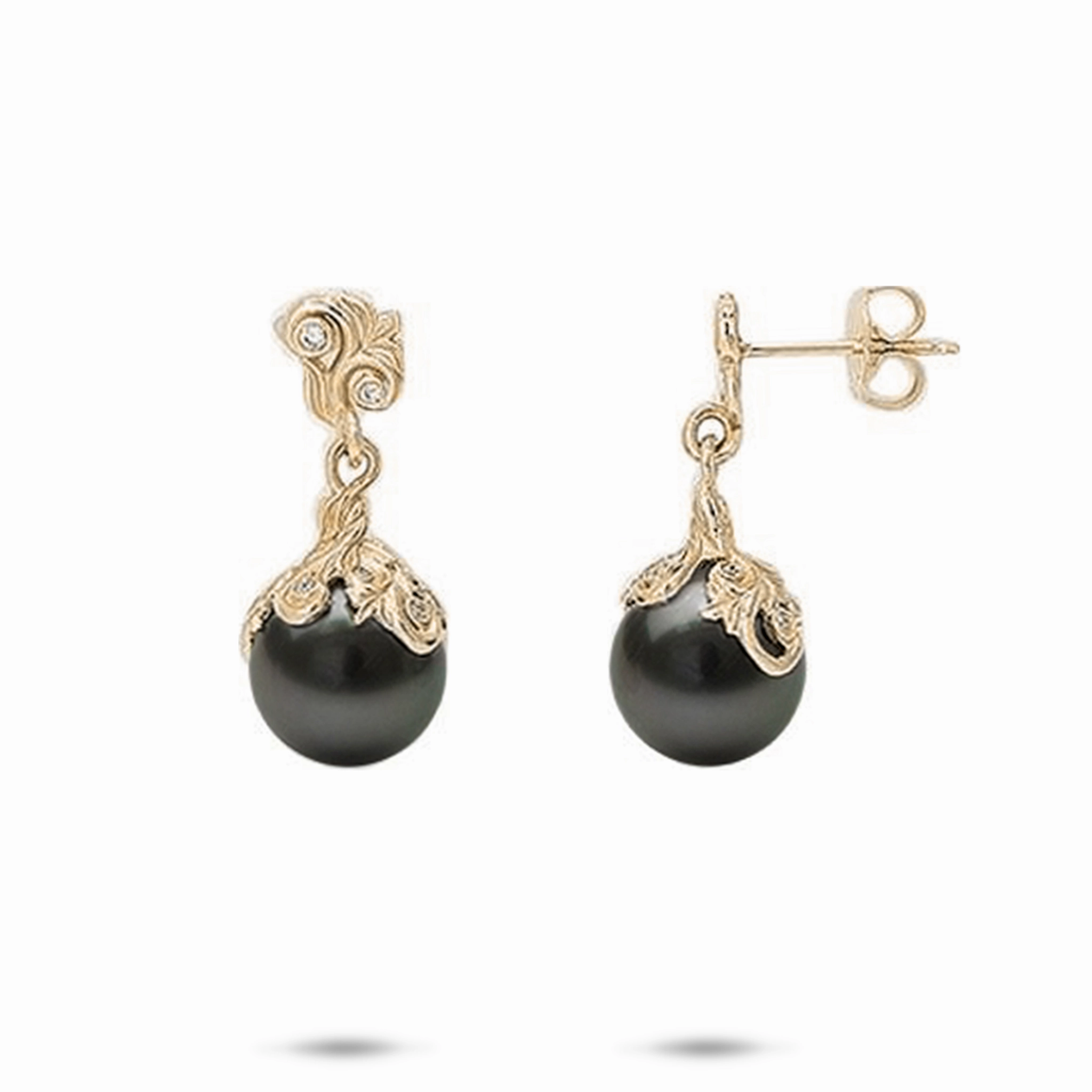 Floral Mood Personalized Craft Living Heirloom Tahitian Black Pearl Earrings in Gold with Diamonds - 9-10mm