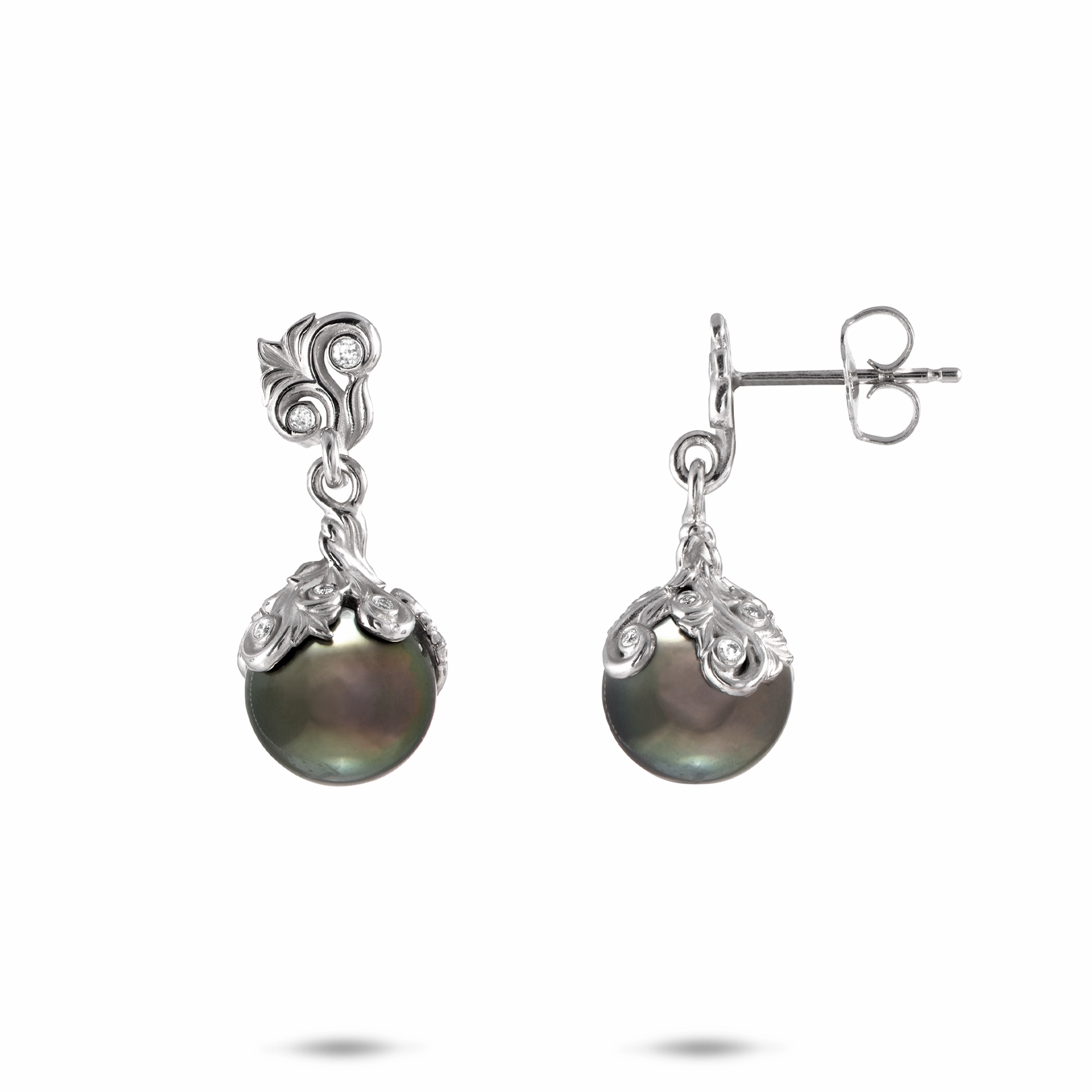 Living Heirloom Tahitian Black Pearl Earrings in White Gold with Diamonds - 9-10mm Date Look Glitter Finish