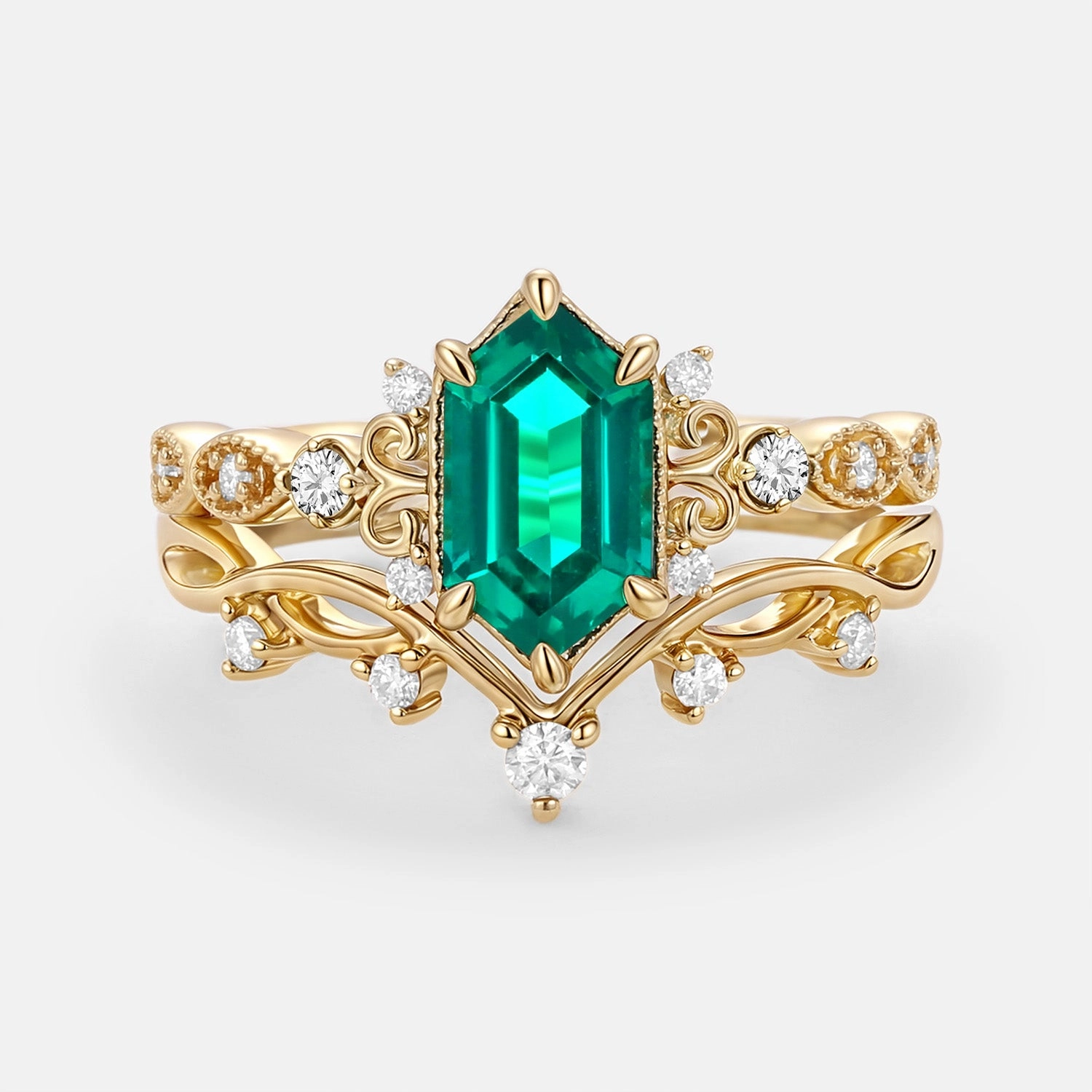 Designer Adornment Long Hexagon Lab Emerald Engagement Ring Set 2pcs - Beryl