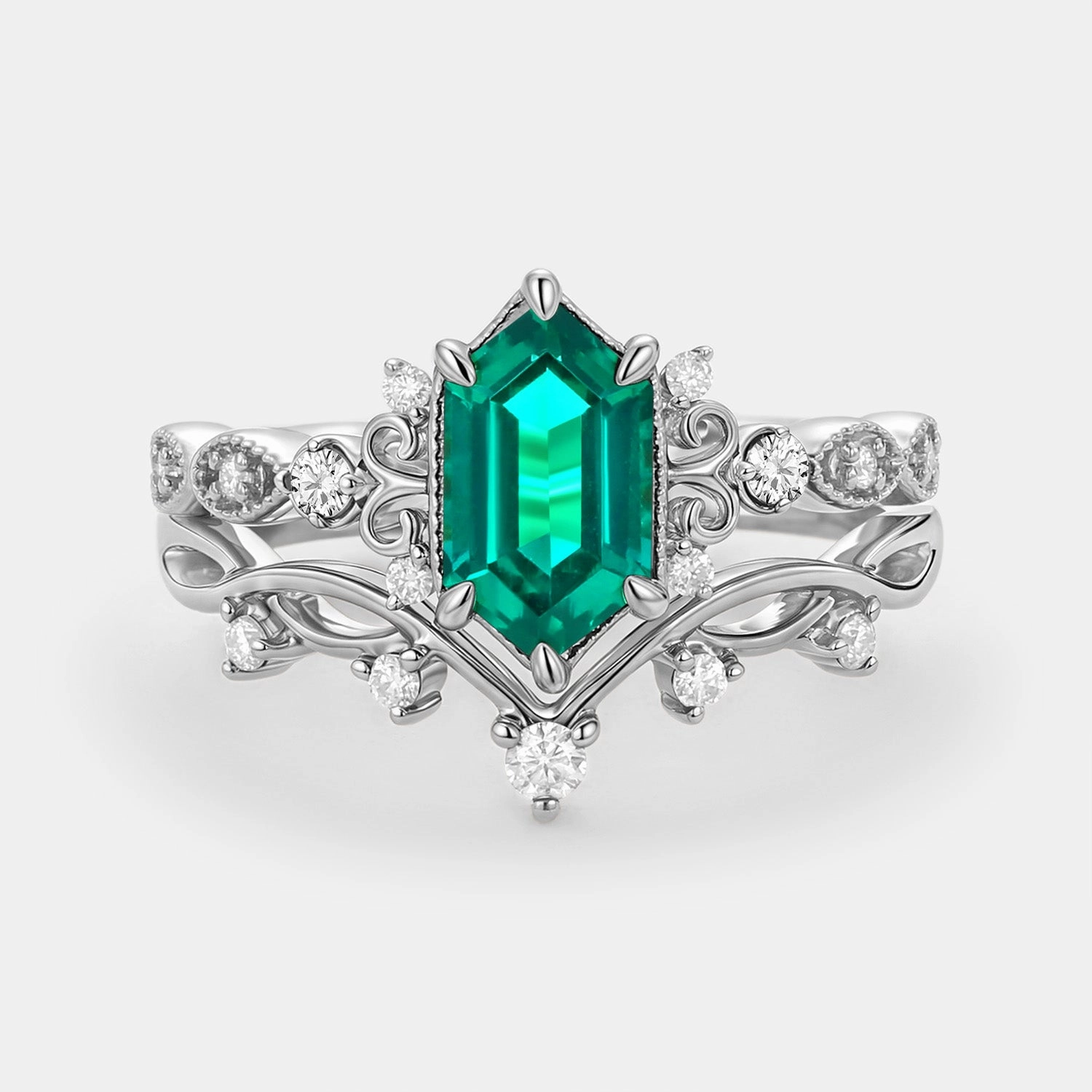 Long Hexagon Lab Emerald Engagement Ring Set 2pcs - Beryl Contemporary Decoration