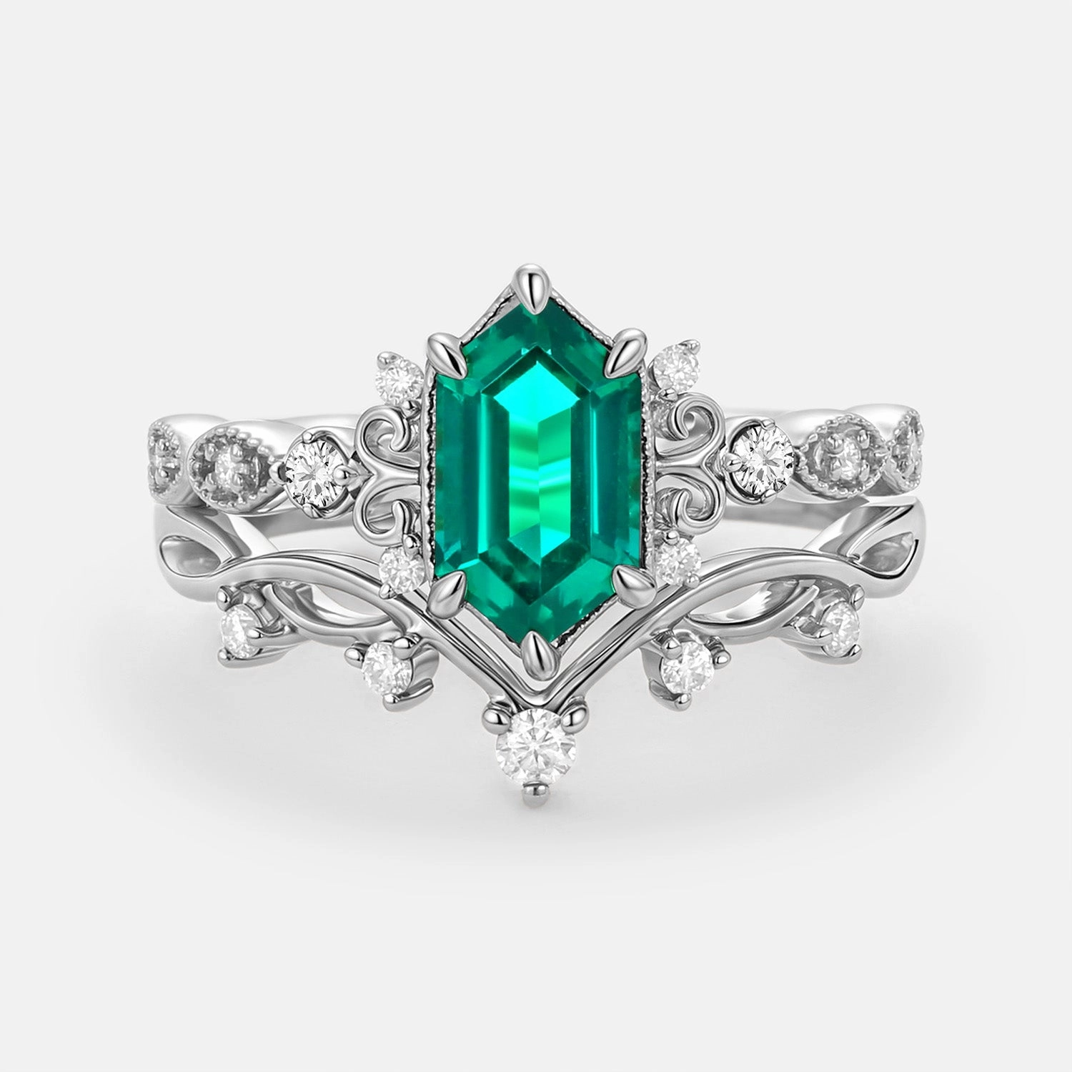 Creative Present Long Hexagon Lab Emerald Engagement Ring Set 2pcs - Beryl