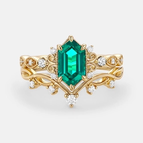 Long Hexagon Lab Emerald Engagement Ring Set 2pcs - Beryl Tarnish Proof