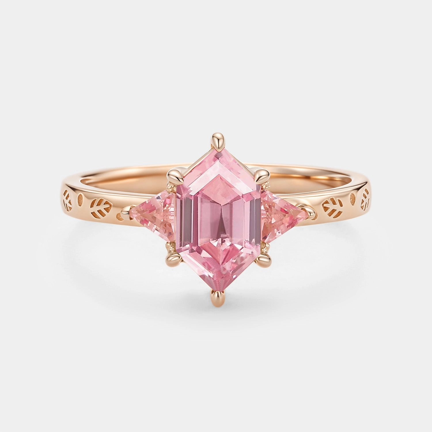 Minimal Detail Gift Pack Long Hexagon Lab Padparadscha Sapphire Engraved Engagement Ring - Cherie