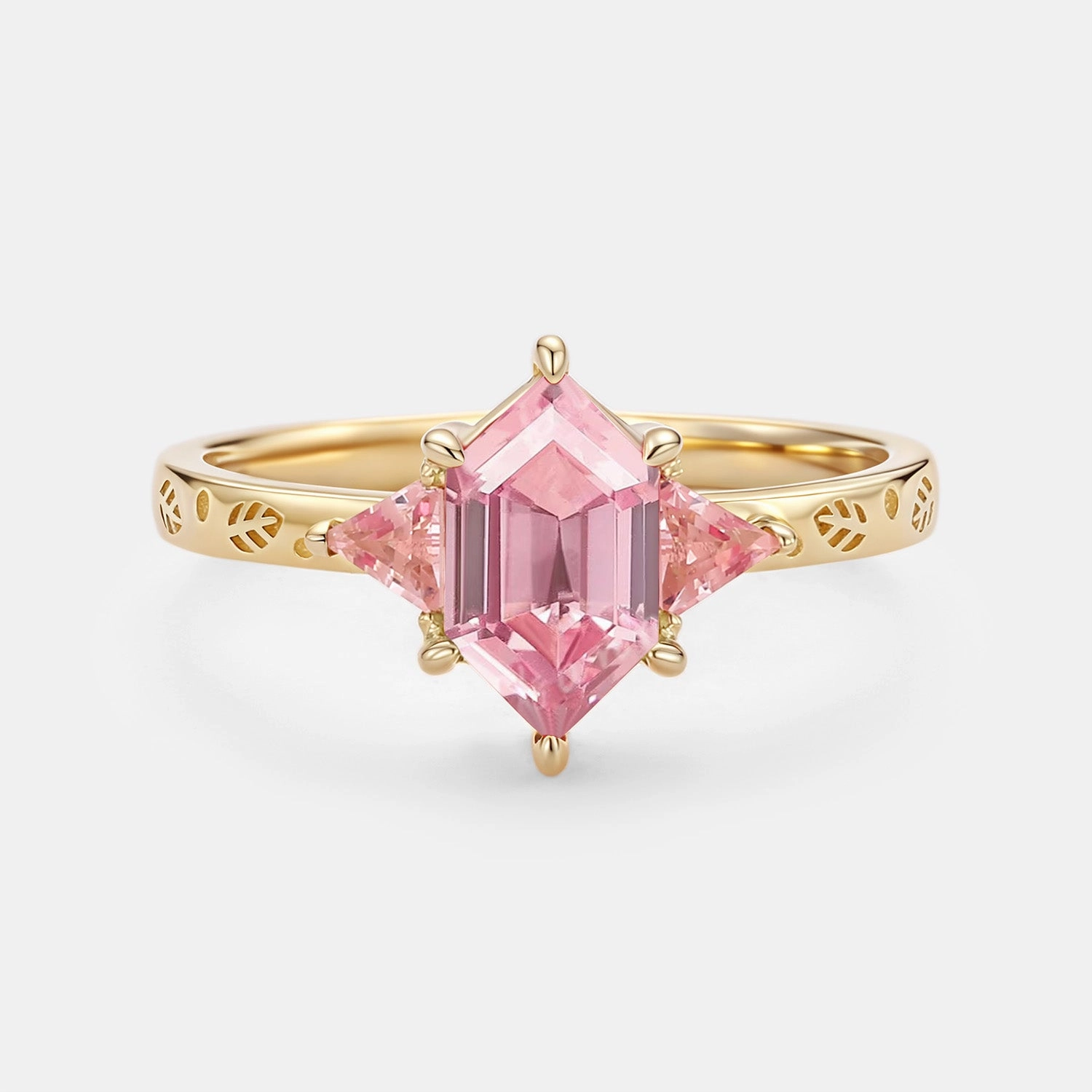 Long Hexagon Lab Padparadscha Sapphire Engraved Engagement Ring - Cherie Shiny Design Simple Ornament