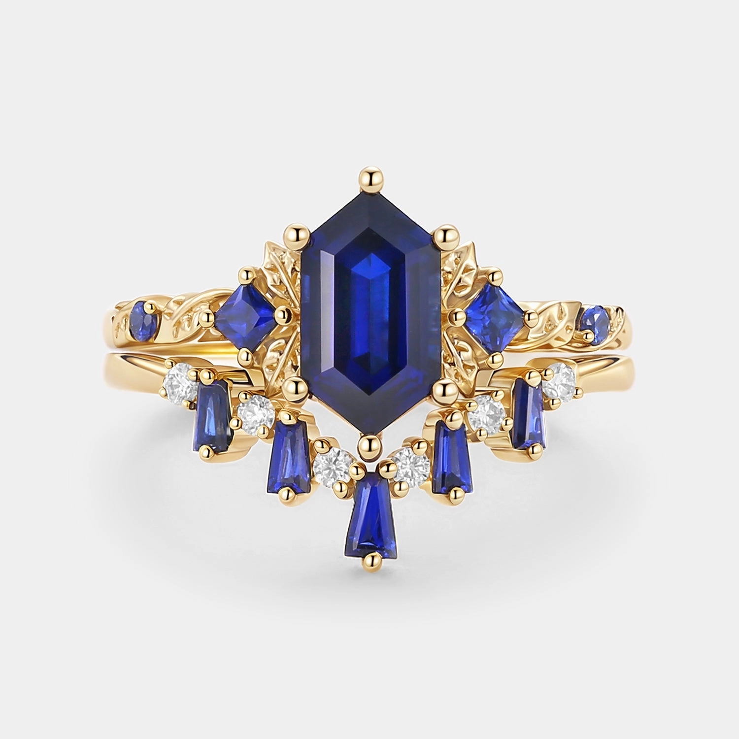 Artisan Piece Lightweight Adornment Long Hexagon Lab Sapphire Engagement Ring Set 2pcs - Cerulex