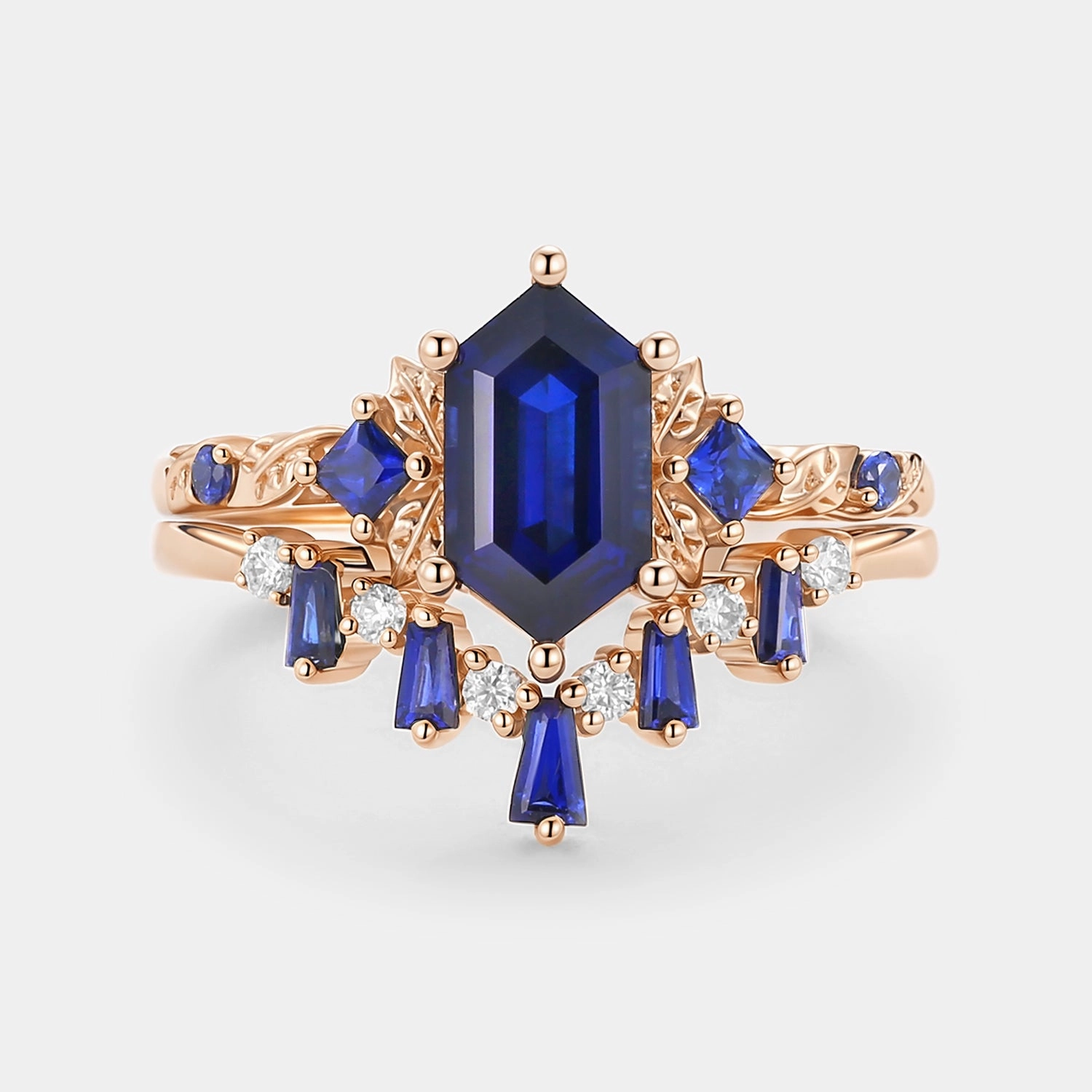 Designer Piece Ornate Insignia Long Hexagon Lab Sapphire Engagement Ring Set 2pcs - Cerulex