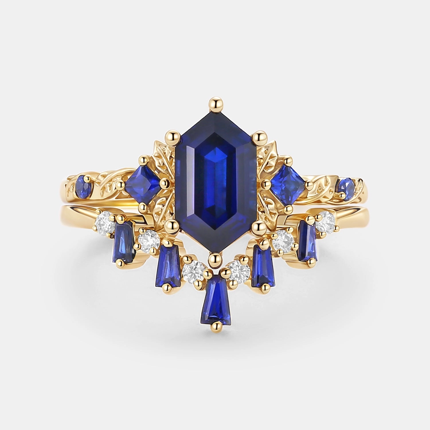 Long Hexagon Lab Sapphire Engagement Ring Set 2pcs - Cerulex Chic piece Branded Jewelry