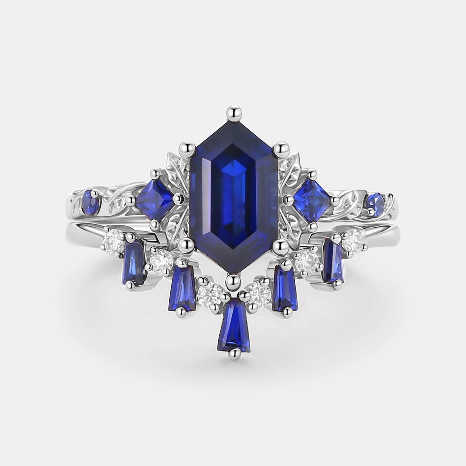 Long Hexagon Lab Sapphire Engagement Ring Set 2pcs - Cerulex Chic Highlight