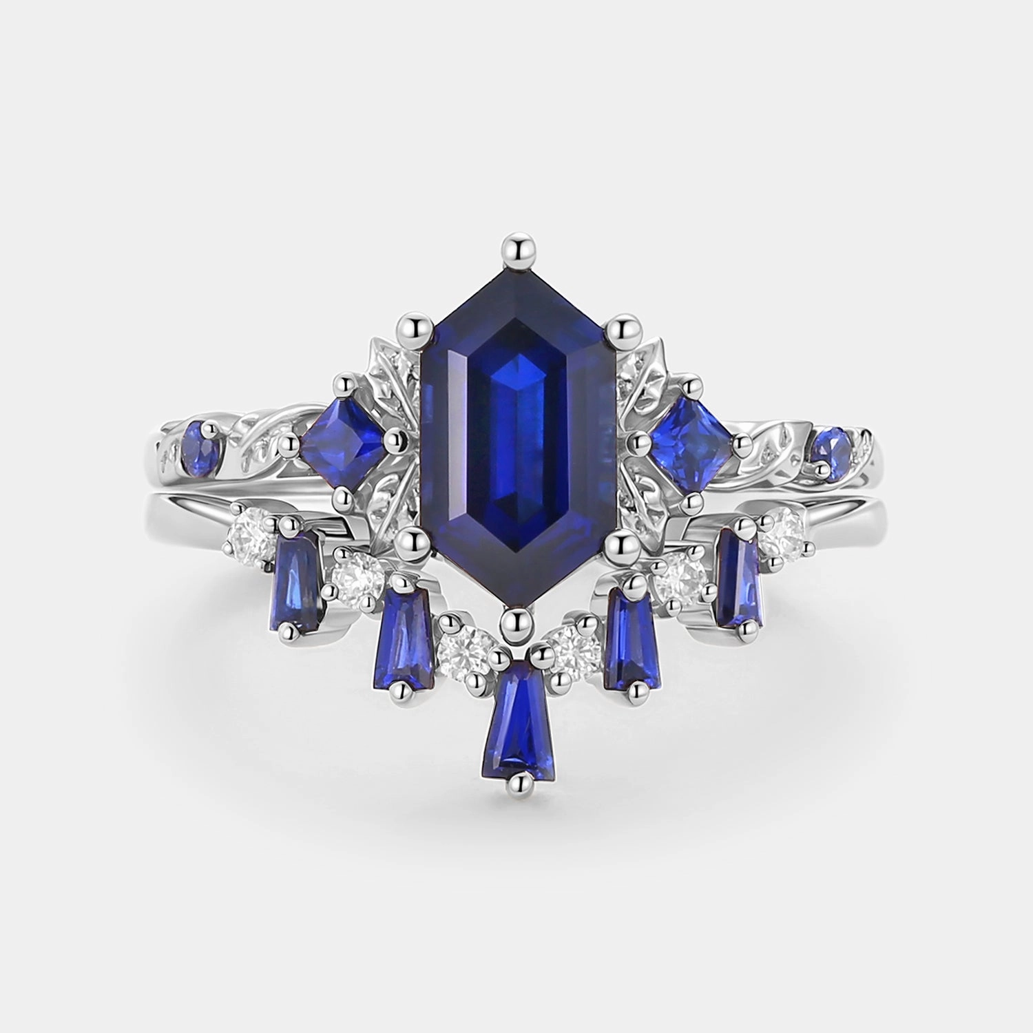 Evergreen style Long Hexagon Lab Sapphire Engagement Ring Set 2pcs - Cerulex