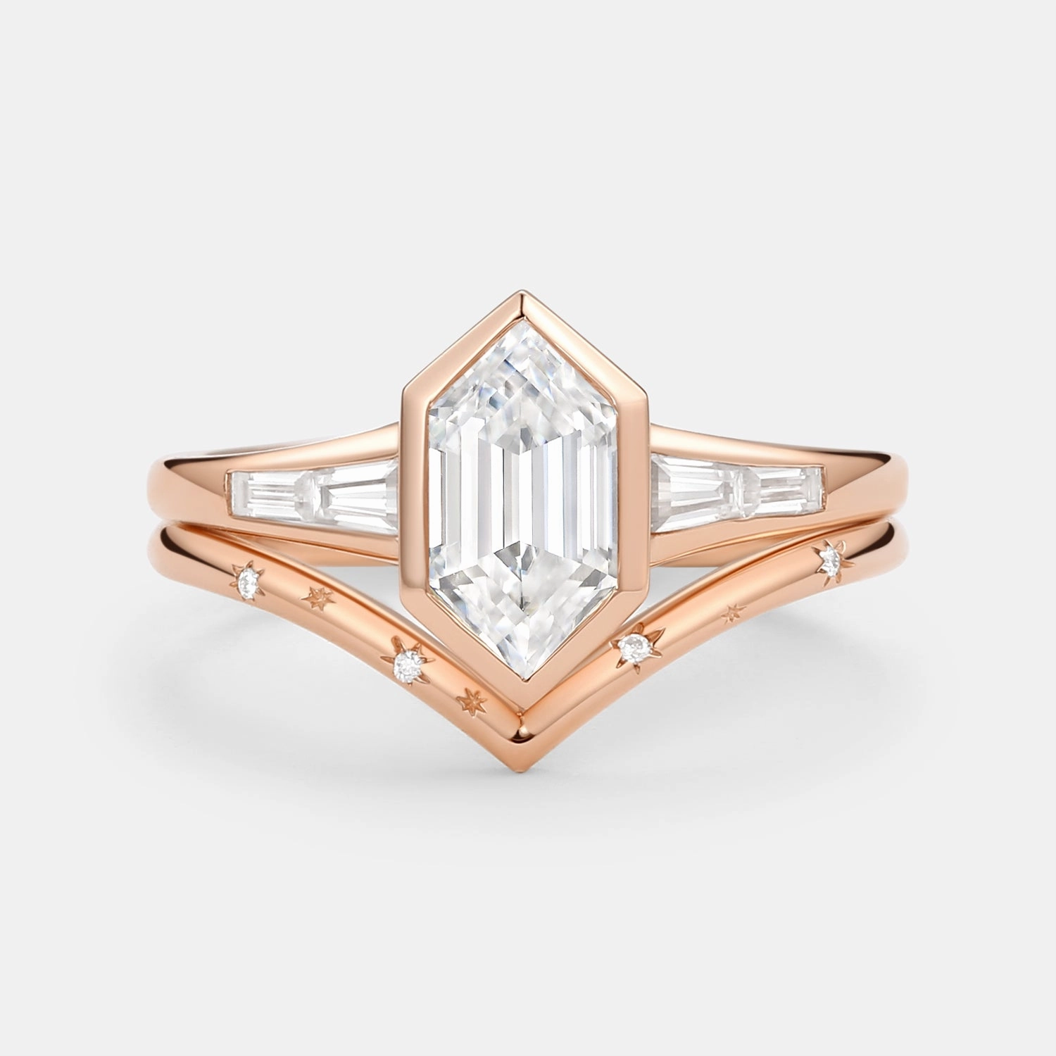 Glow Ready Dainty Edge Long Hexagon Moissanite Minimalist Bridal Ring Set 2pcs