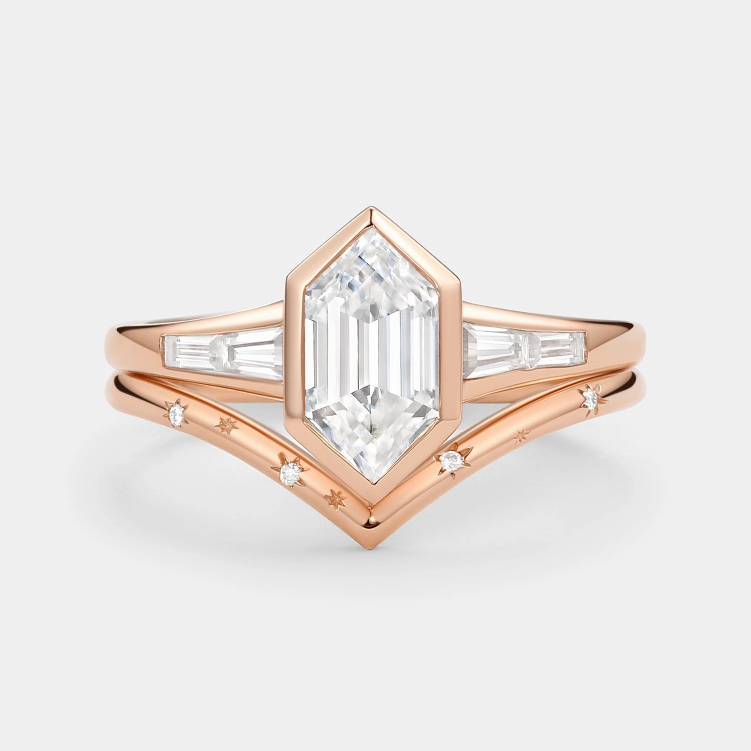 Long Hexagon Moissanite Minimalist Bridal Ring Set 2pcs Top Rated