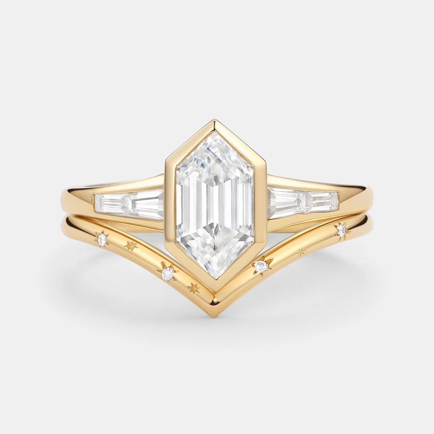 Long Hexagon Moissanite Minimalist Bridal Ring Set 2pcs Sentimental Craft