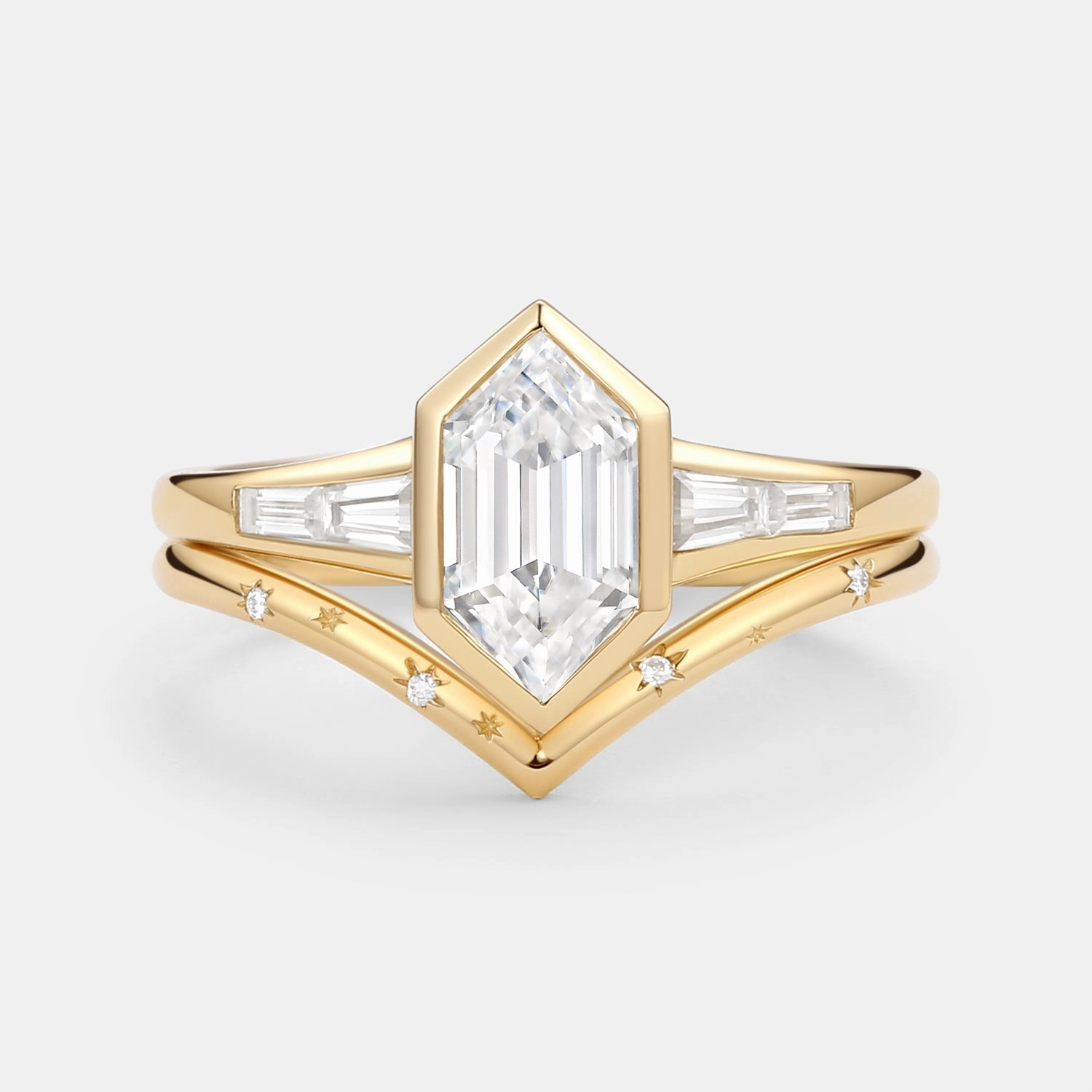 Handmade pieces Luxe Glow Long Hexagon Moissanite Minimalist Bridal Ring Set 2pcs