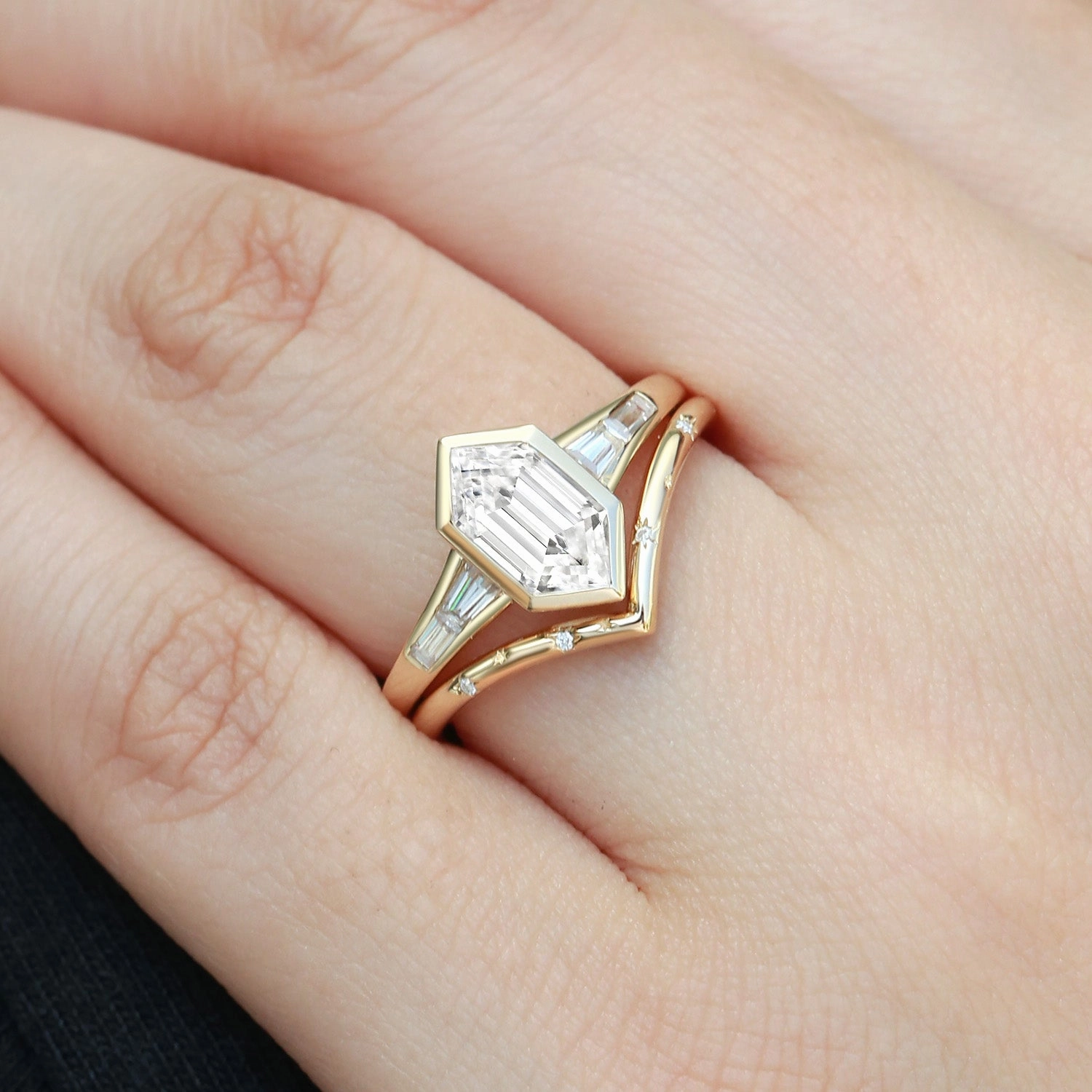 Fashion Choice Perfect Match Long Hexagon Moissanite Minimalist Bridal Ring Set 2pcs