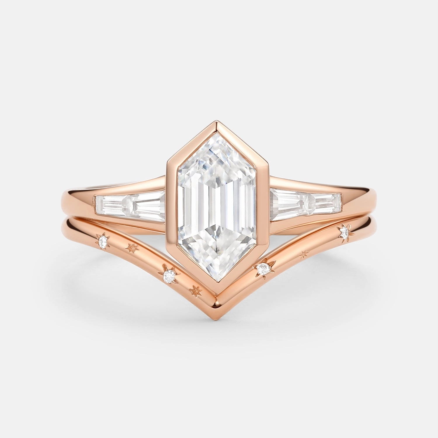 Beautiful Creation Long Hexagon Moissanite Minimalist Bridal Ring Set 2pcs