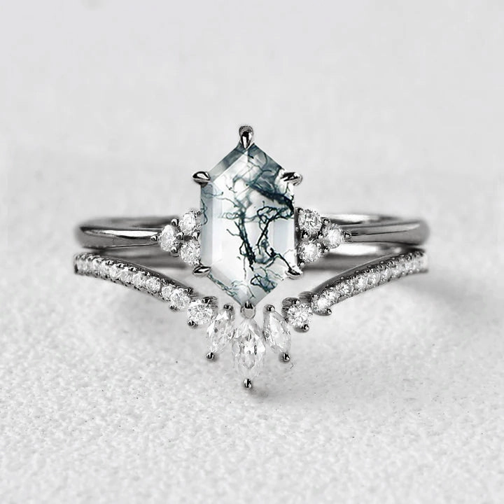 All Match Style Long Hexagon Moss Agate Bridal Ring Set 2pcs - Lydia