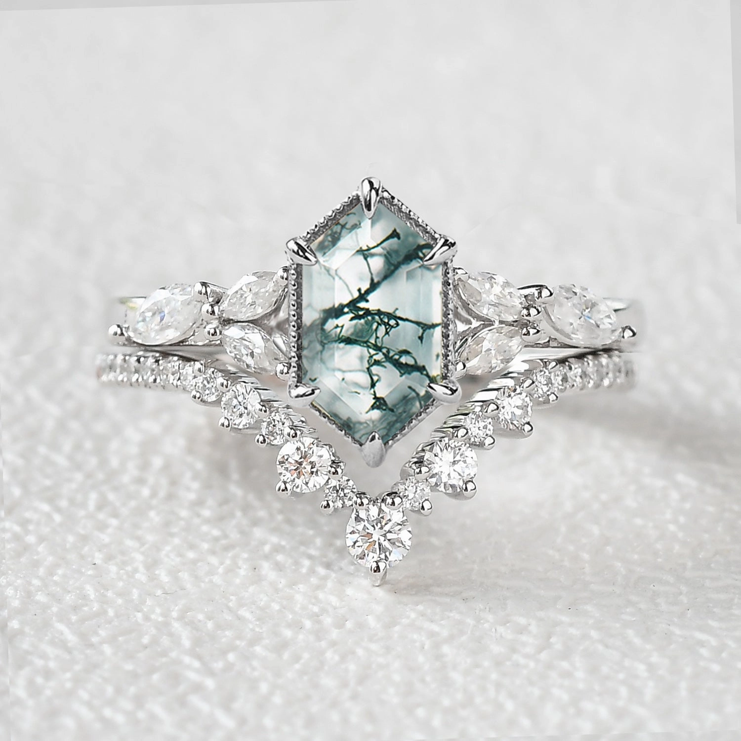 Long Hexagon Moss Agate Cluster Engagement Ring Set 2pcs Portable Size Trendy Vibe