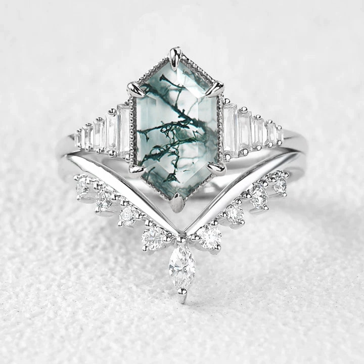 Debossed Logo Long Hexagon Moss Agate Elongate Engagement Ring Set 2pcs