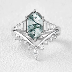 Modern Attire Long Hexagon Moss Agate Elongate Engagement Ring Set 2pcs