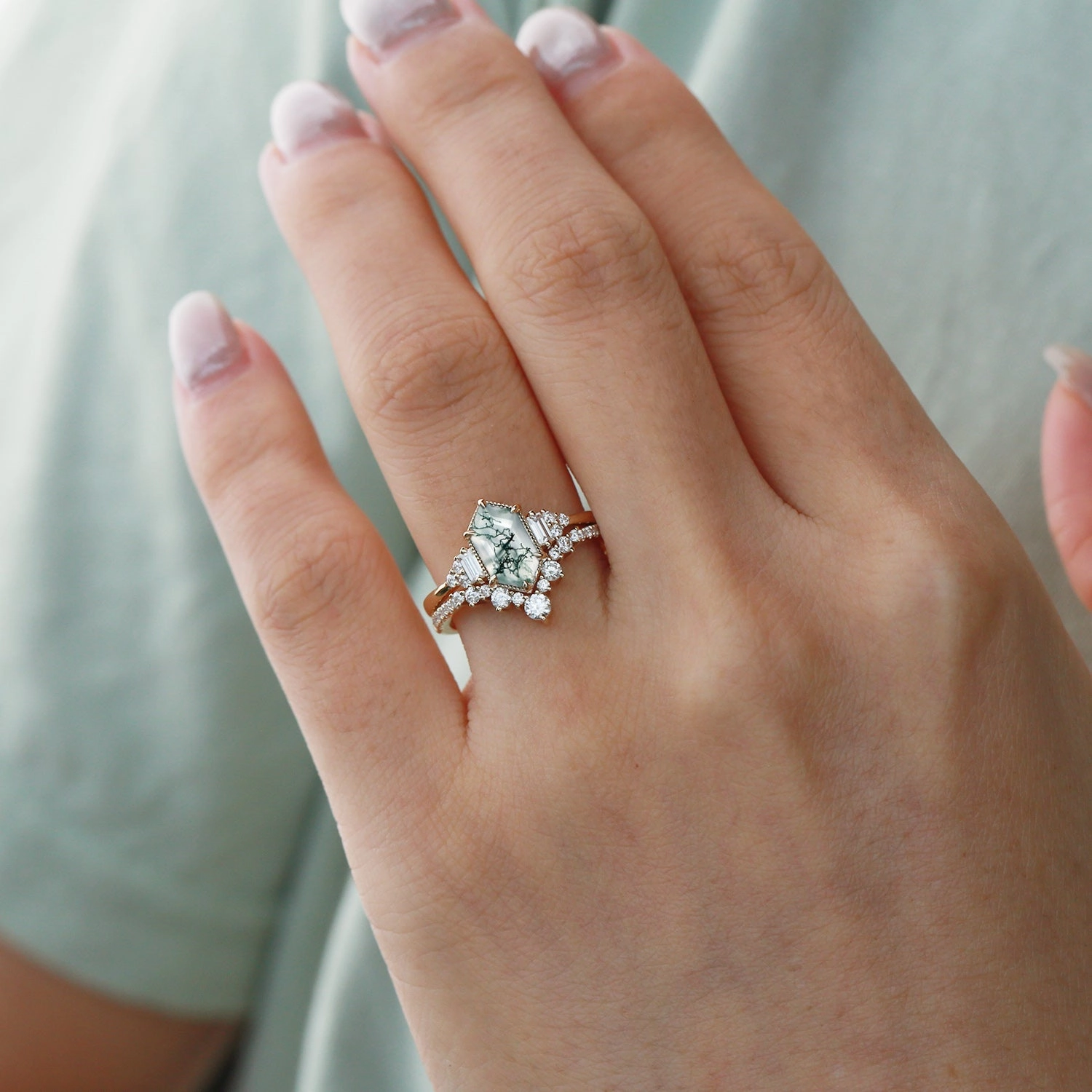 Long Hexagon Moss Agate Milgrain Engagement Ring Set 2pcs Stylish Vibe Iconic look