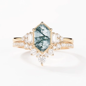 Soft Glam Evening Glam Long Hexagon Moss Agate Milgrain Engagement Ring Set 2pcs
