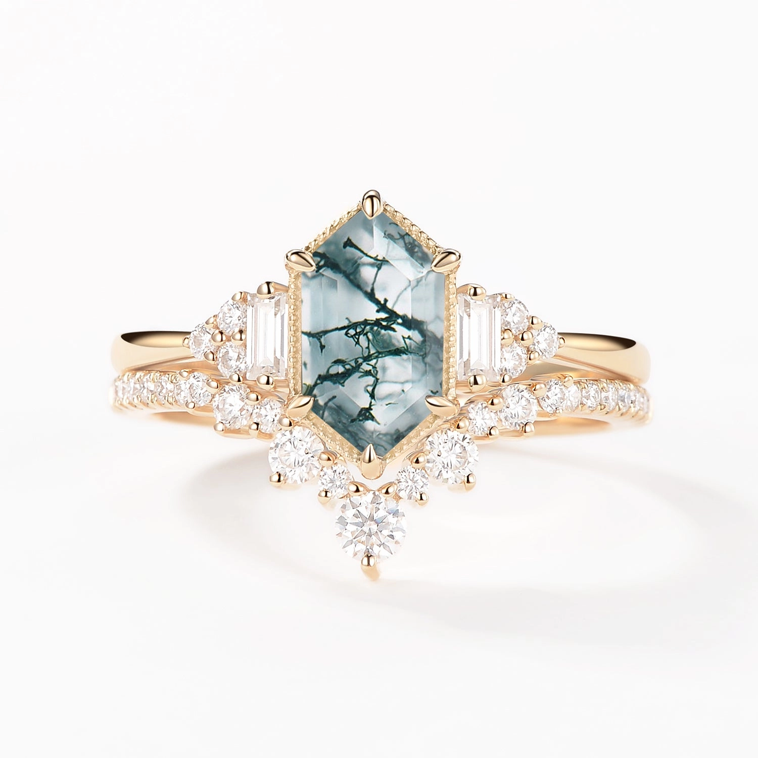 Analog Style Glam Touch Long Hexagon Moss Agate Milgrain Engagement Ring Set 2pcs