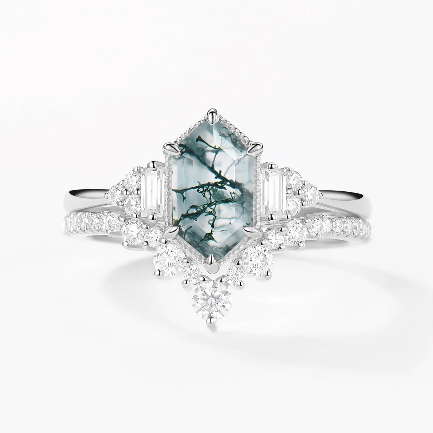 Exclusive Expression Long Hexagon Moss Agate Milgrain Engagement Ring Set 2pcs