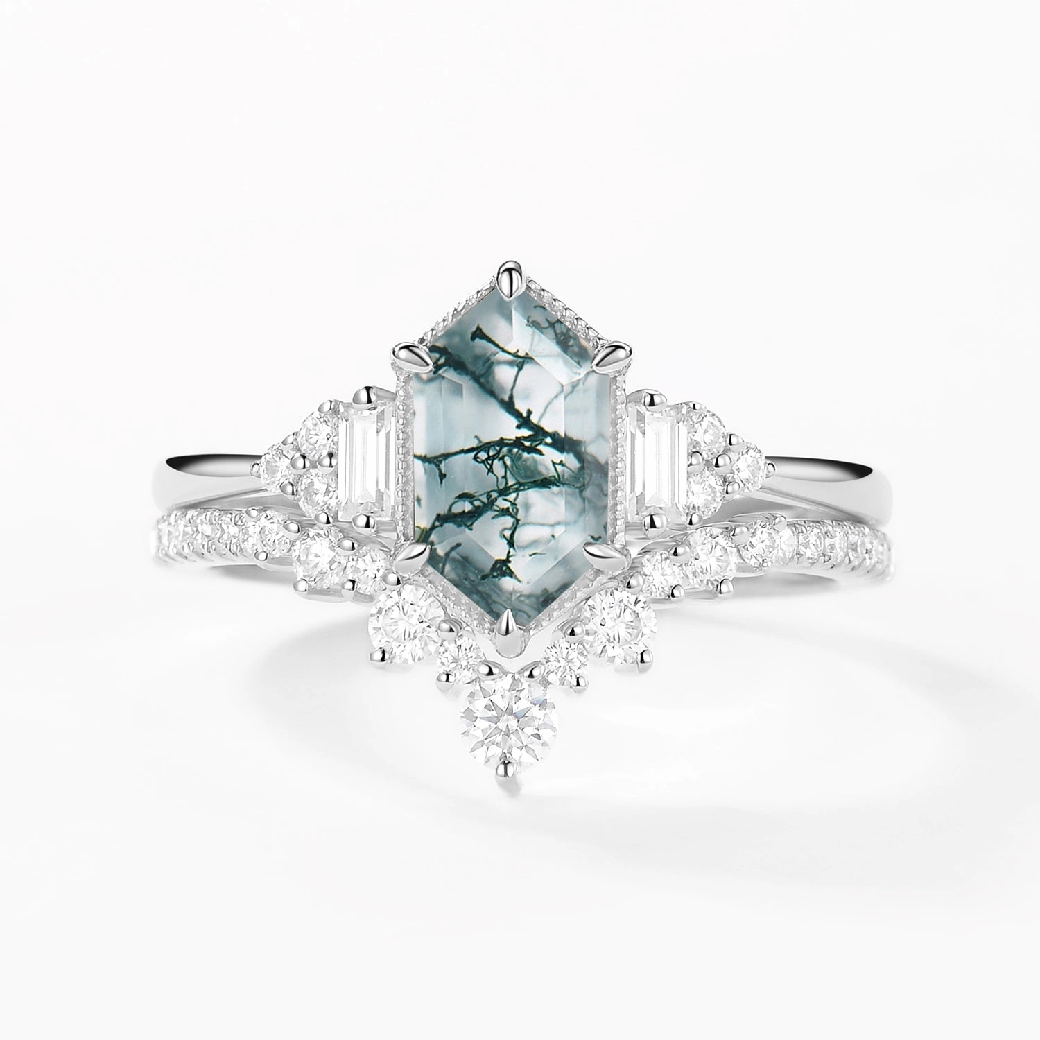 Long Hexagon Moss Agate Milgrain Engagement Ring Set 2pcs Chic Design