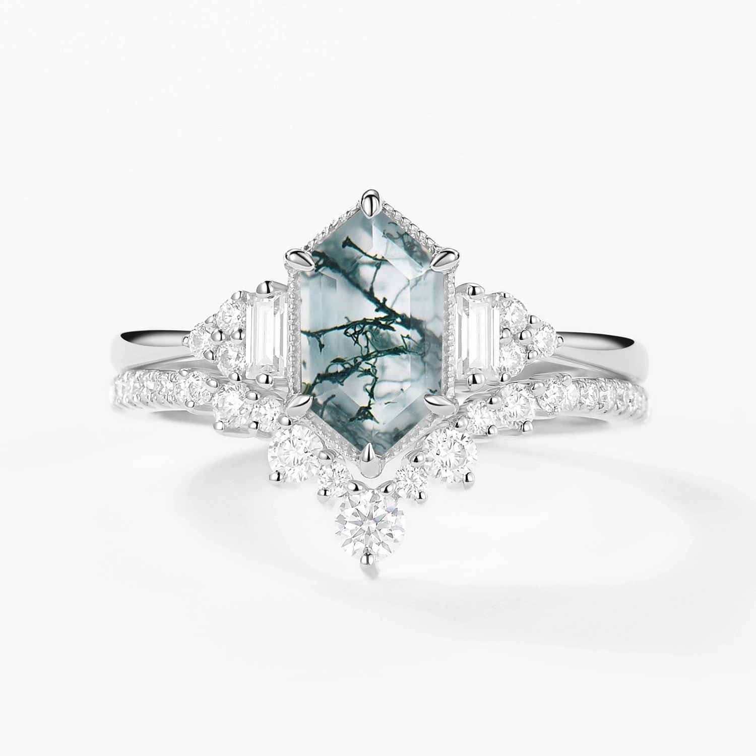 Artful Feature Long Hexagon Moss Agate Milgrain Engagement Ring Set 2pcs