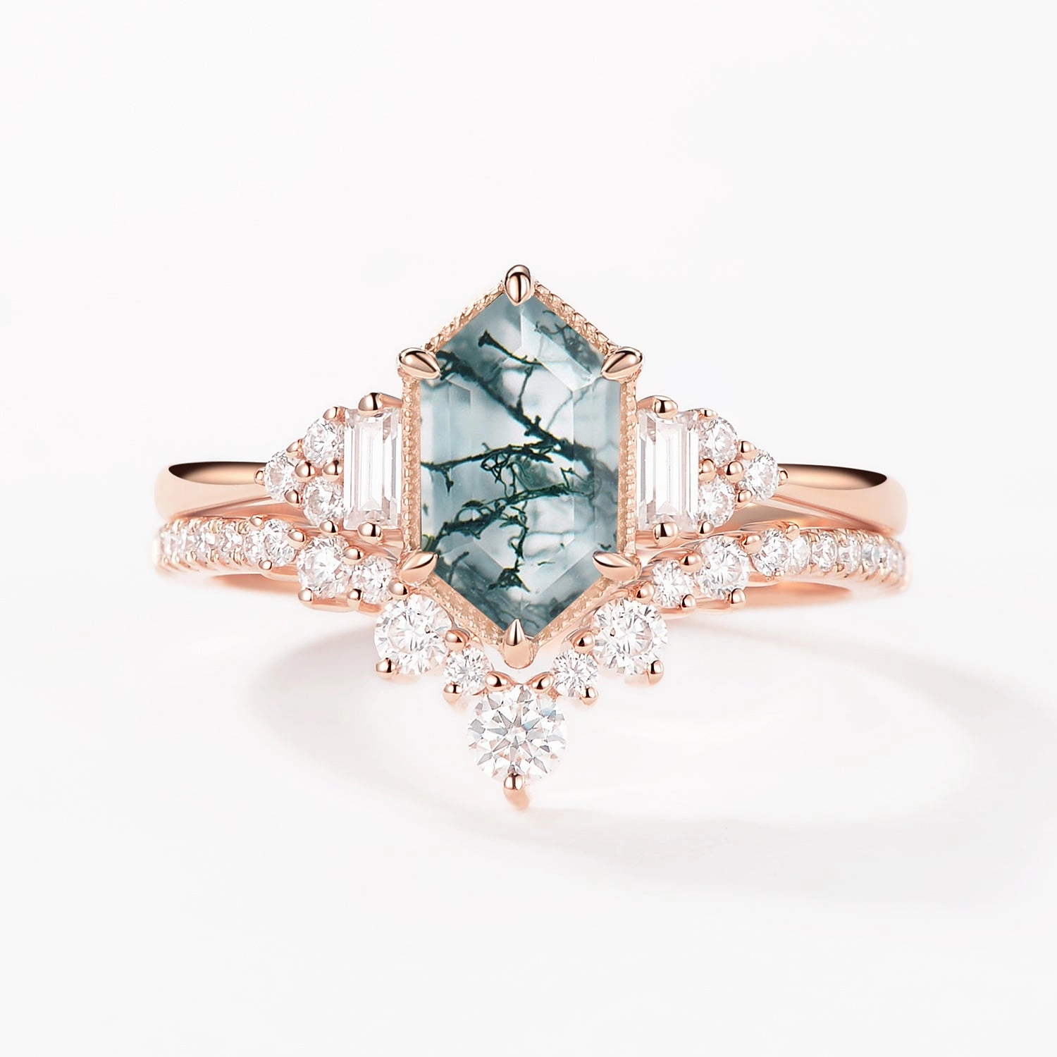 Long Hexagon Moss Agate Milgrain Engagement Ring Set 2pcs Sparkling Expression Groundbreaking Design