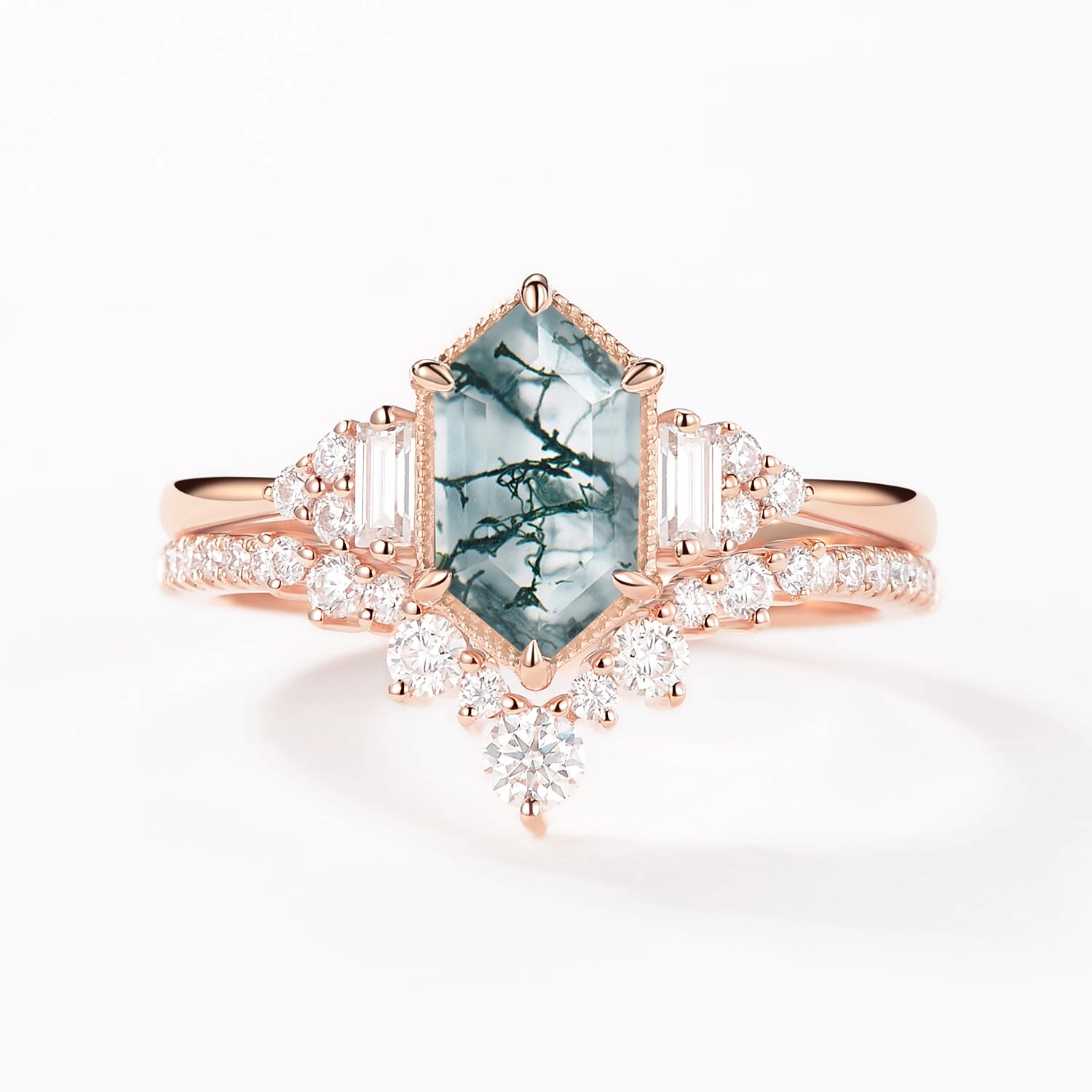 Timeless elegance Fashionable Finish Long Hexagon Moss Agate Milgrain Engagement Ring Set 2pcs