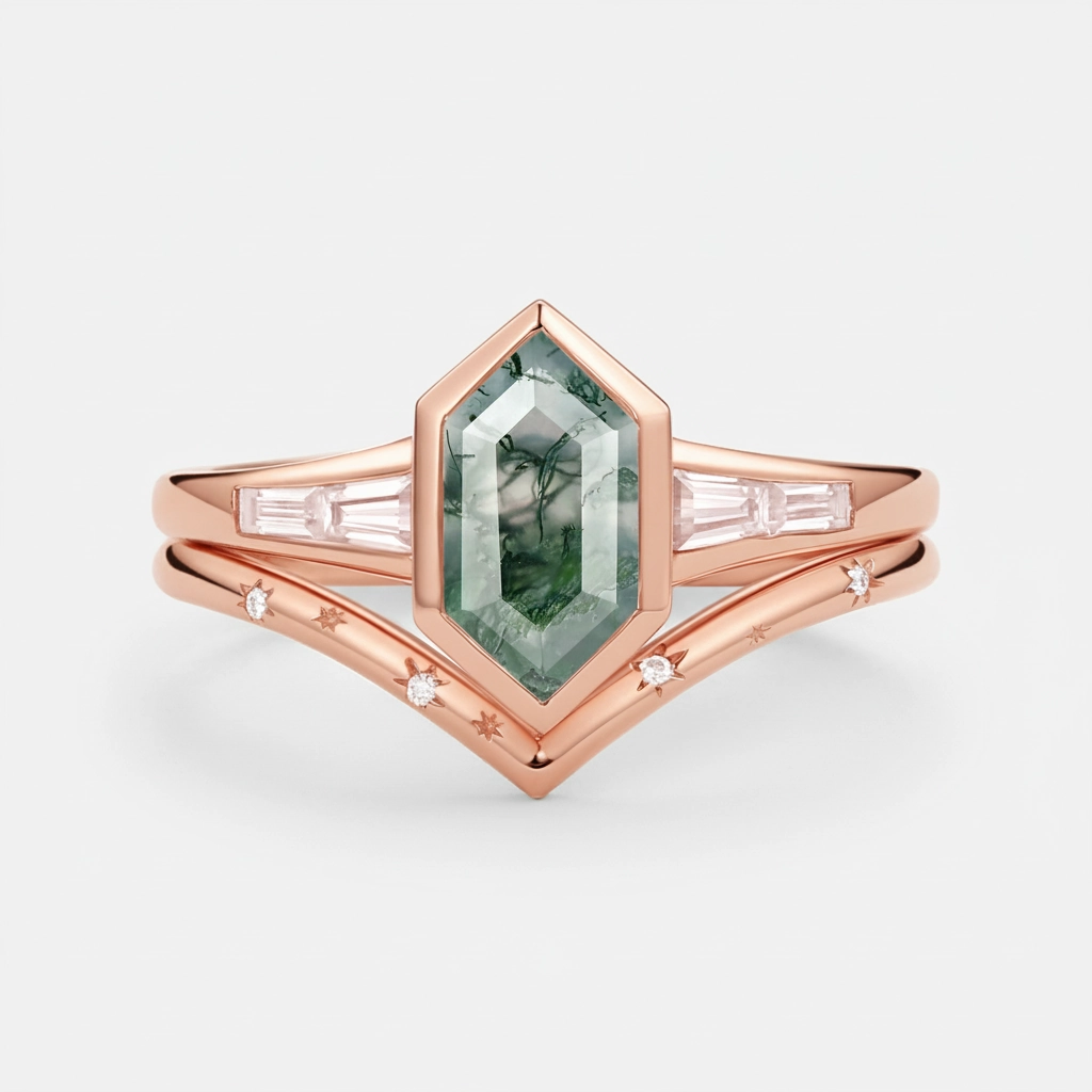 Luxury Outline Long Hexagon Moss Agate Minimalist Bridal Ring Set 2pcs