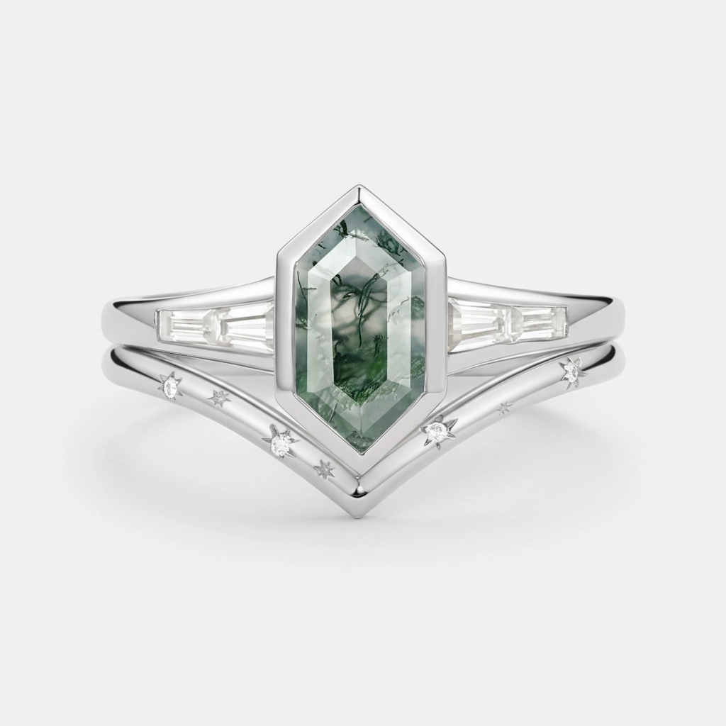 Long Hexagon Moss Agate Minimalist Bridal Ring Set 2pcs Glamour Accent Winter Party