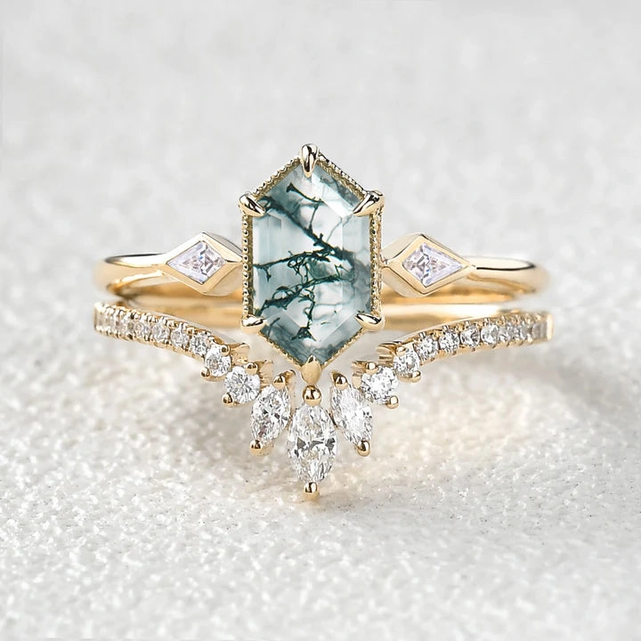 Long Hexagon Moss Agate Three Stone Engagement Ring Set 2pcs Premium Accent