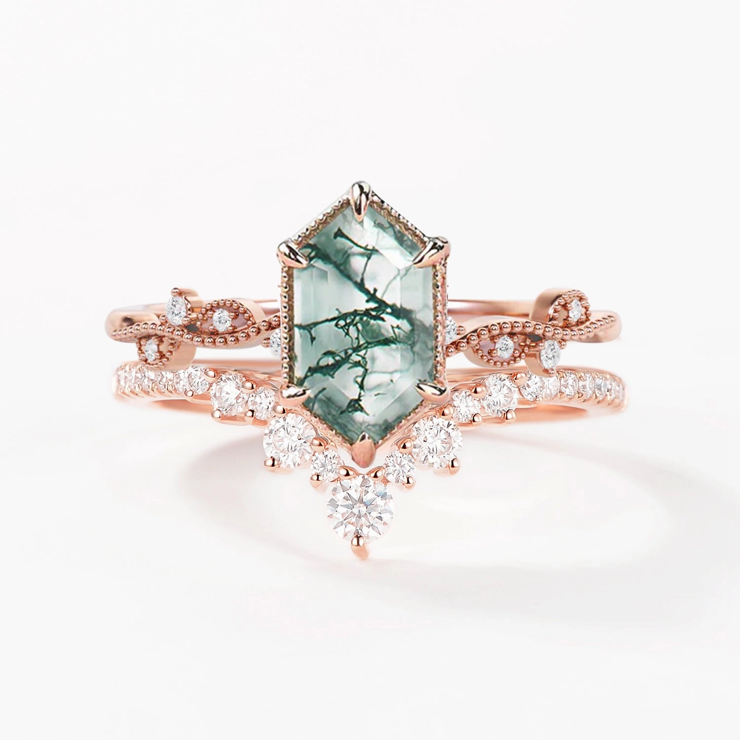 Long Hexagon Moss Agate Vintage Engagement Ring Set 2pcs Best choice Youth Gift