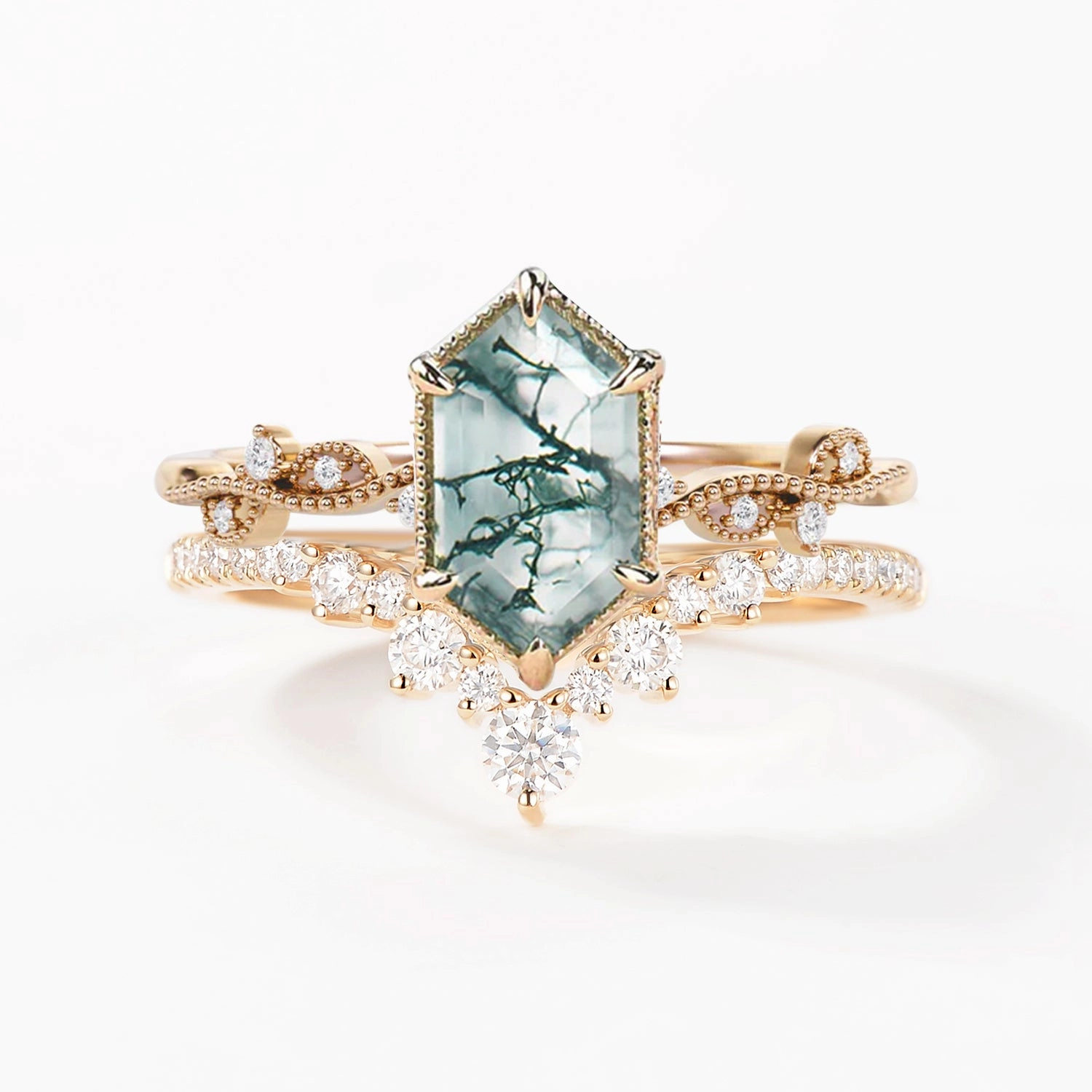 Occasion Accent Refined Charm Long Hexagon Moss Agate Vintage Engagement Ring Set 2pcs