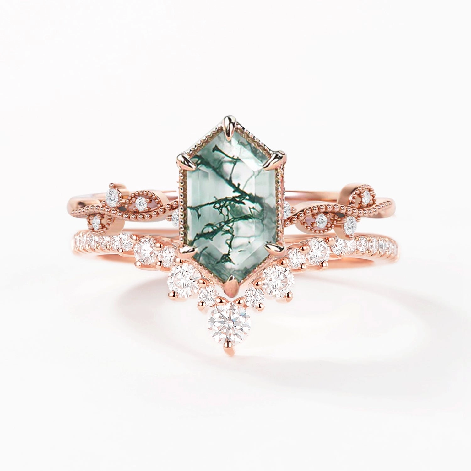 Sparkling Expression Long Hexagon Moss Agate Vintage Engagement Ring Set 2pcs