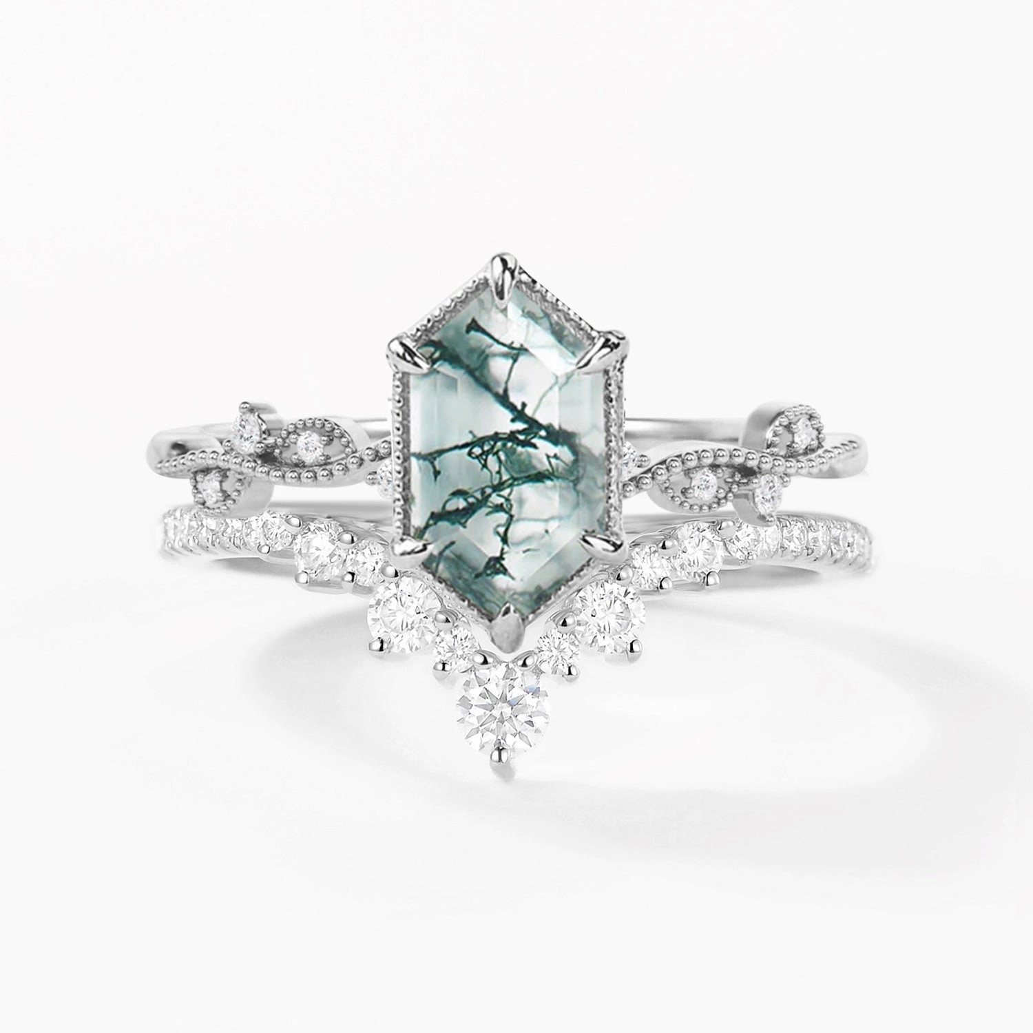 Amazing Piece Long Hexagon Moss Agate Vintage Engagement Ring Set 2pcs