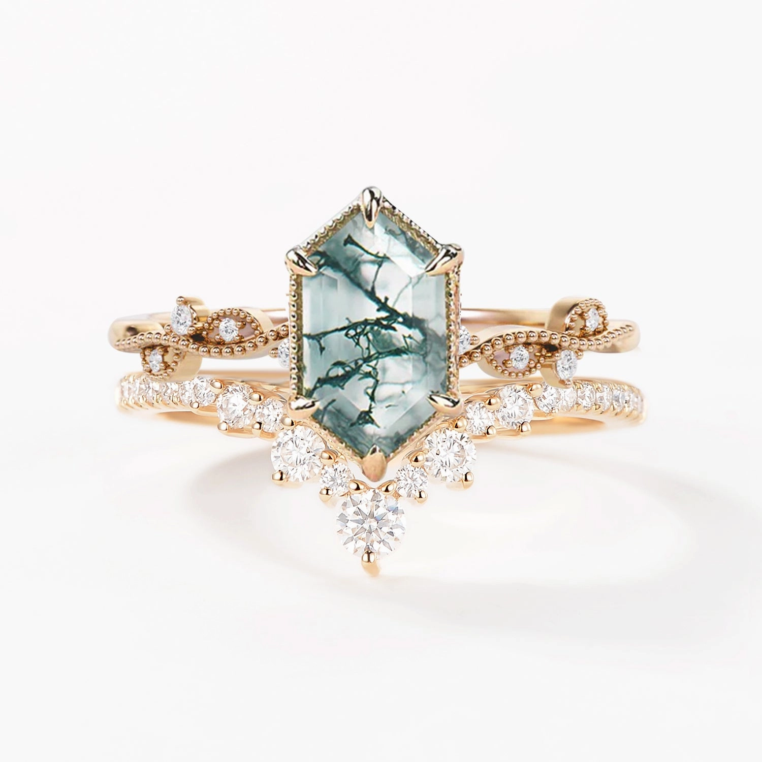 Long Hexagon Moss Agate Vintage Engagement Ring Set 2pcs Gentle Design