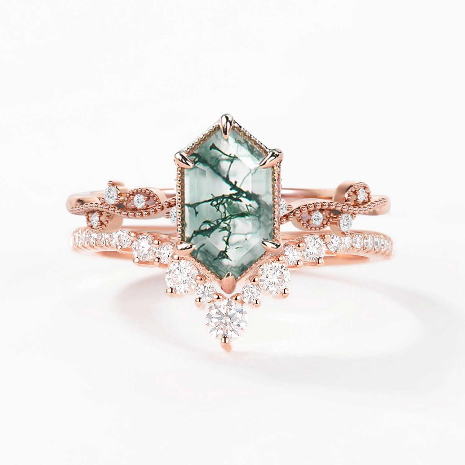 Long Hexagon Moss Agate Vintage Engagement Ring Set 2pcs Wedding accessory Daytime Style