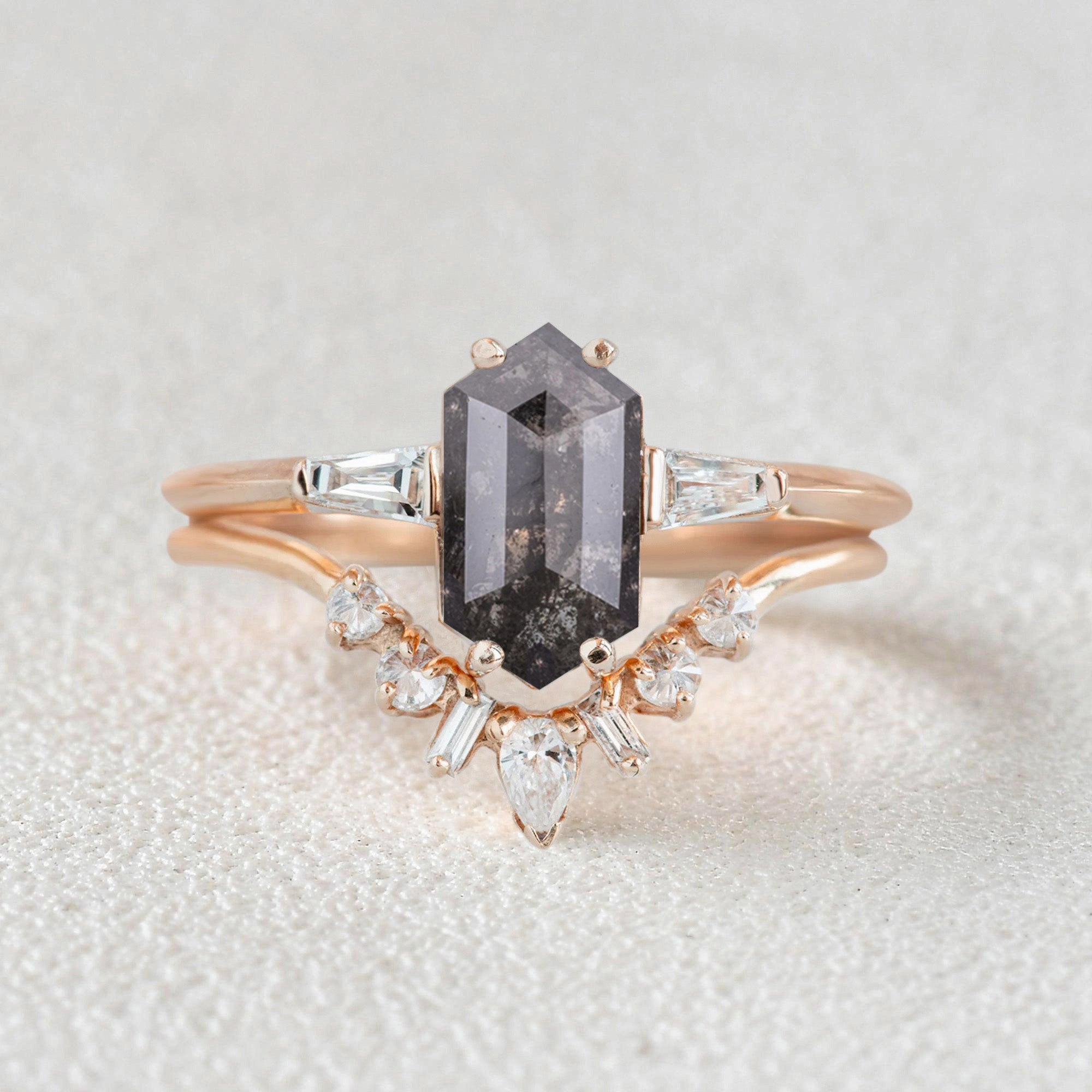 Romantic Design Long Hexagon Salt and Pepper Diamonds Three Stone Ring Set 2pcs