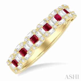 2 MM Princess Cut Ruby and 1/2 Ctw Baguette & Round Cut Diamond Precious Ring in 14K Yellow Gold Daily Geometry Wardrobe Essential