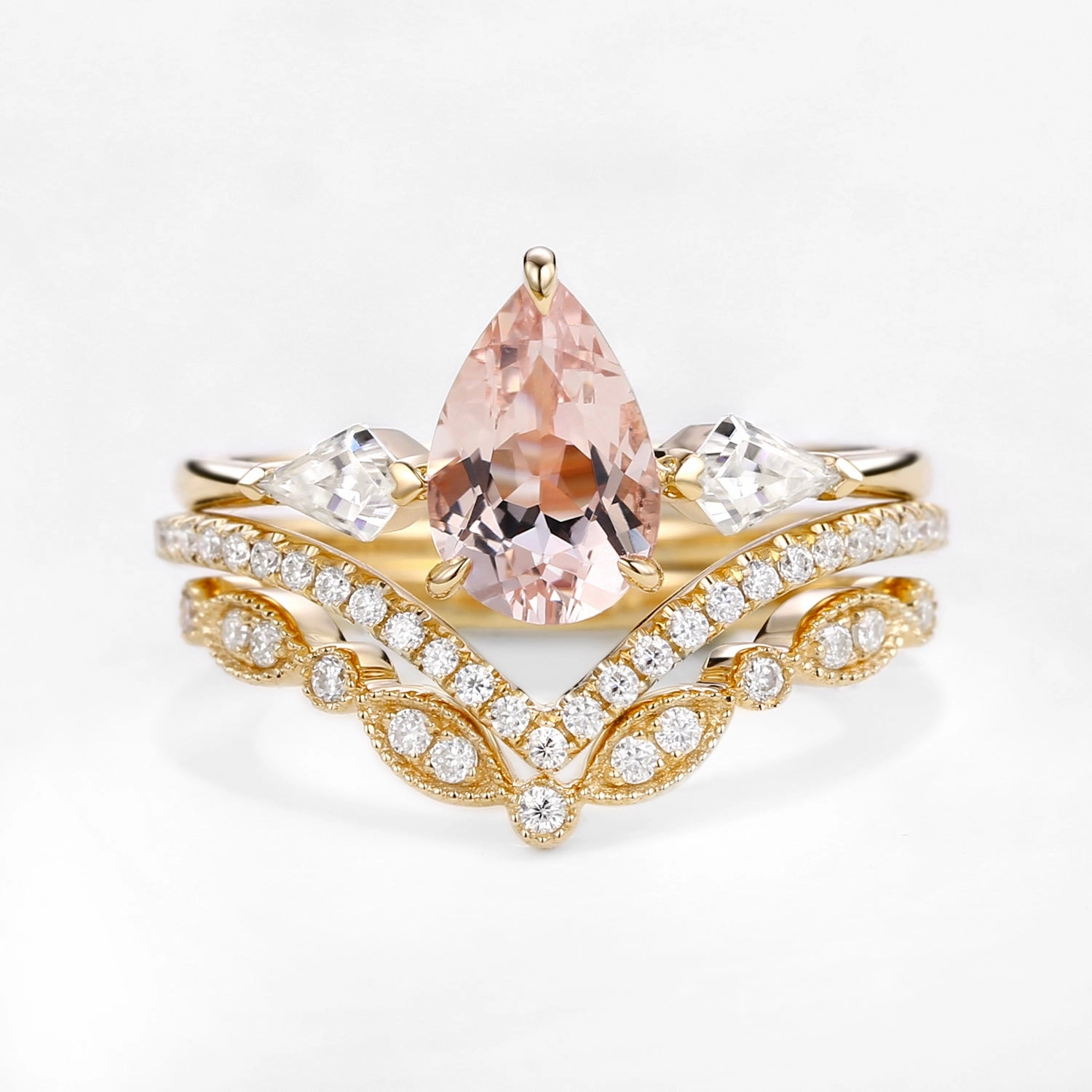 Peachy Morganite & Moissanite Three Stone Ring Set 3pcs Cool Look Artistic Accessory