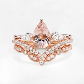 Premium Piece Contemporary Emblem Peachy Morganite & Moissanite Three Stone Ring Set 3pcs