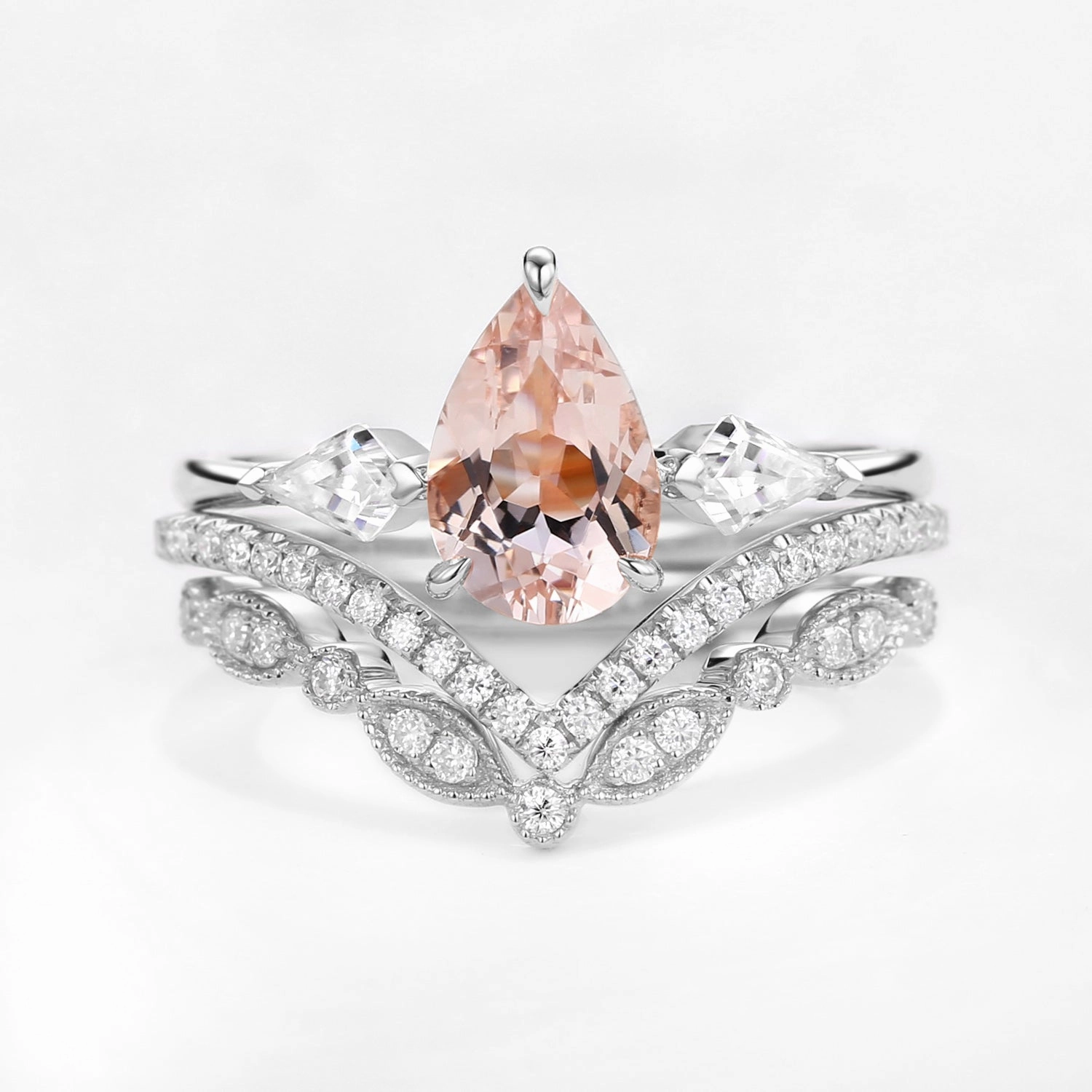 Budget Embellishment Monochrome Style Peachy Morganite & Moissanite Three Stone Ring Set 3pcs
