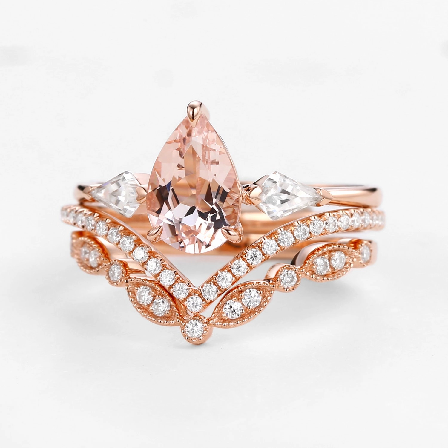Exchange Option Sentimental Piece Peachy Morganite & Moissanite Three Stone Ring Set 3pcs