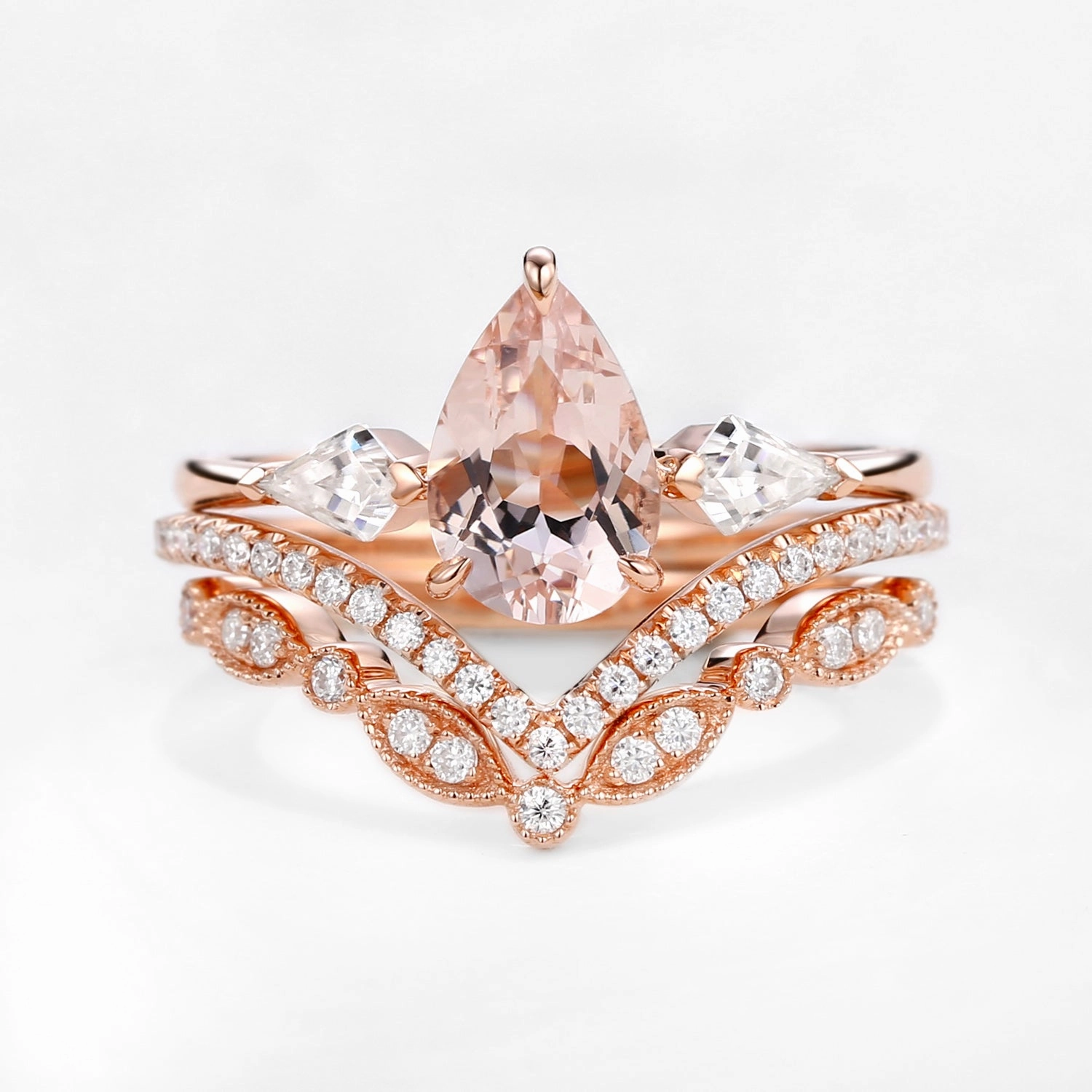 Premium Piece Contemporary Emblem Peachy Morganite & Moissanite Three Stone Ring Set 3pcs