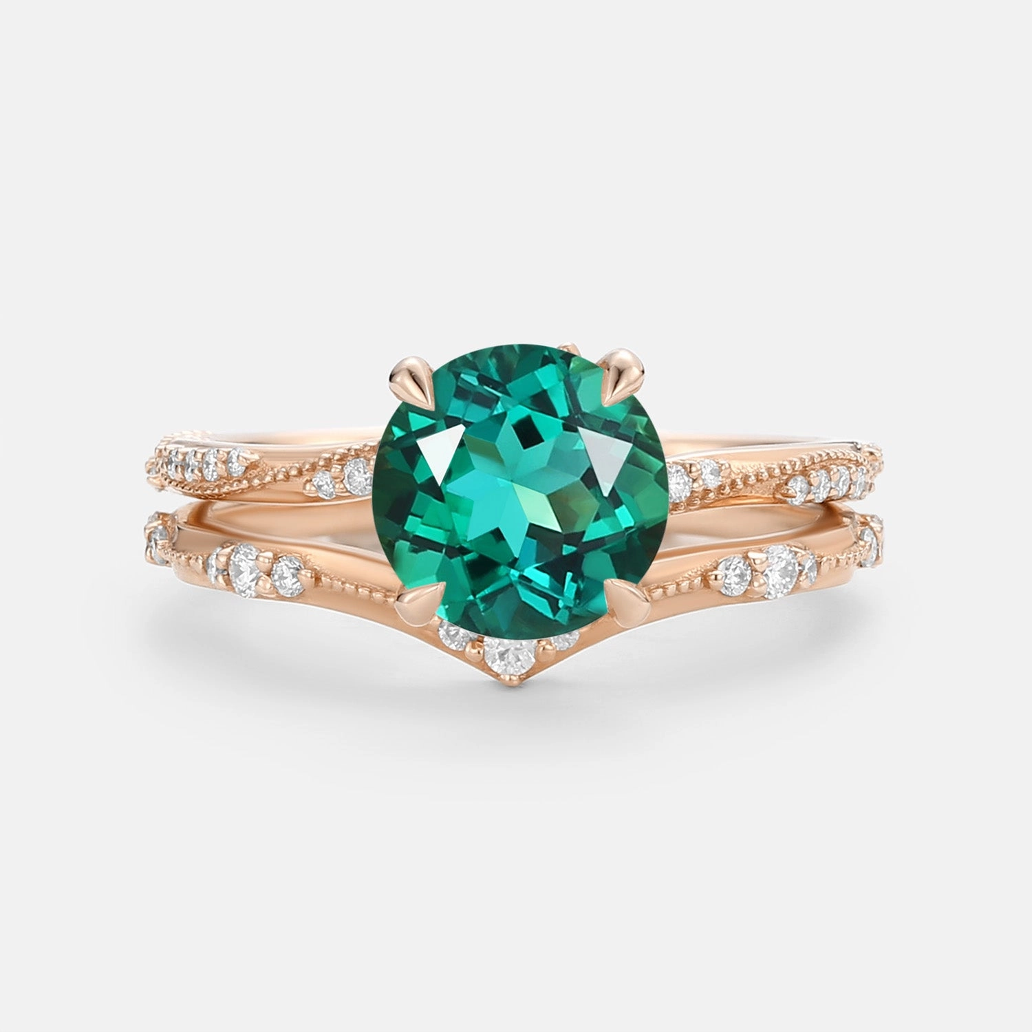 Chic Object Lab Emerald Round Cut Ring Set 2pcs - Verdure