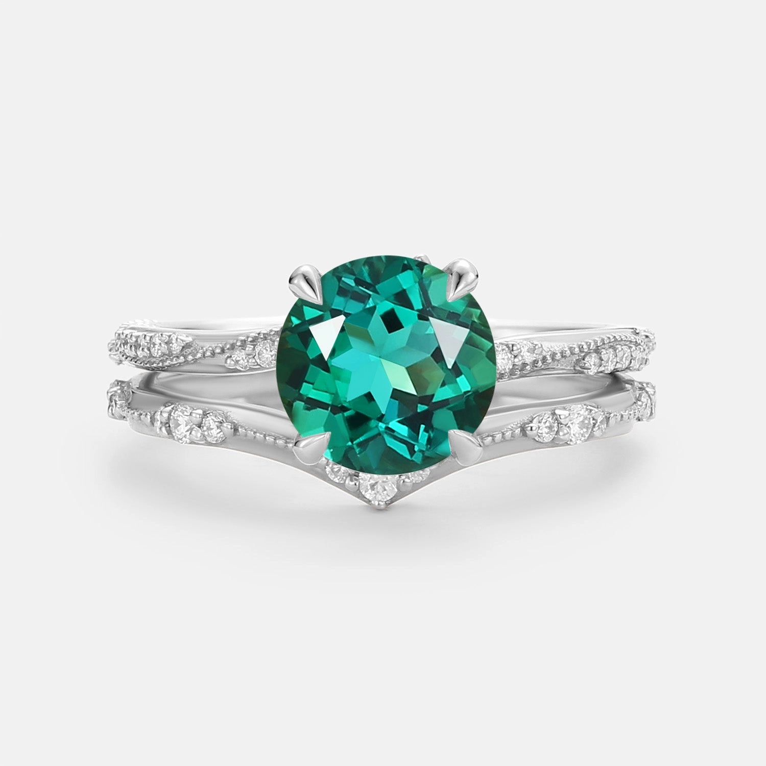Lab Emerald Round Cut Ring Set 2pcs - Verdure Strong Construction