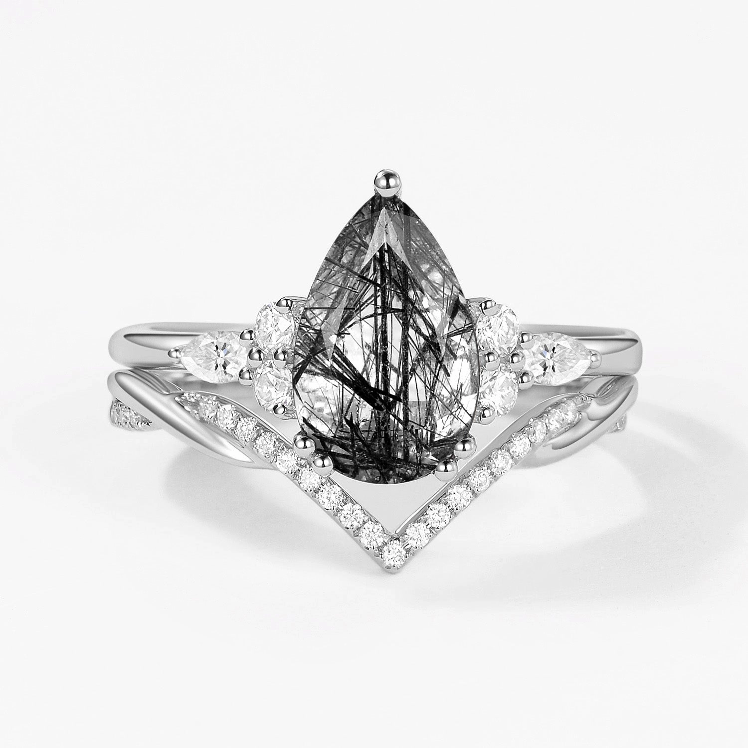 Understated Elegance Refined Detail 2.0CT Pear Shaped Black Rutilated Quartz Infinity Stacking Ring Set 2pcs
